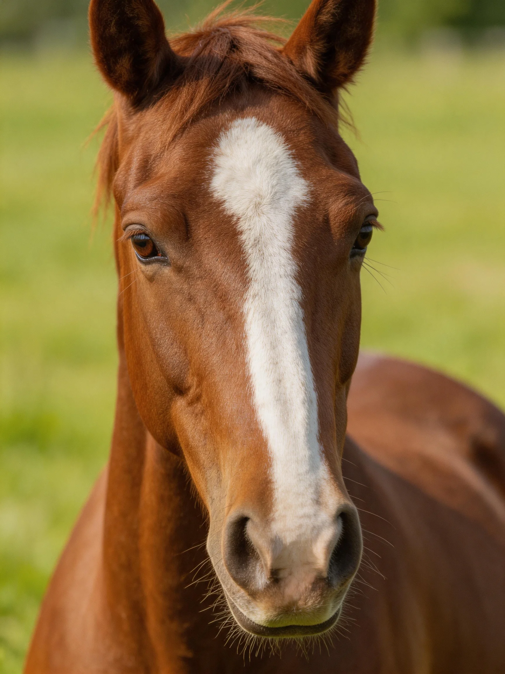 A chestnut horse with a bold white blaze in a green field