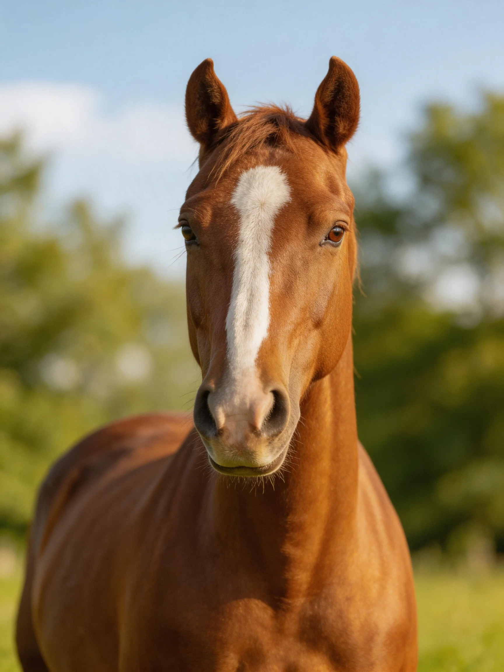 A chestnut horse with a bold white blaze in a sunlit field
