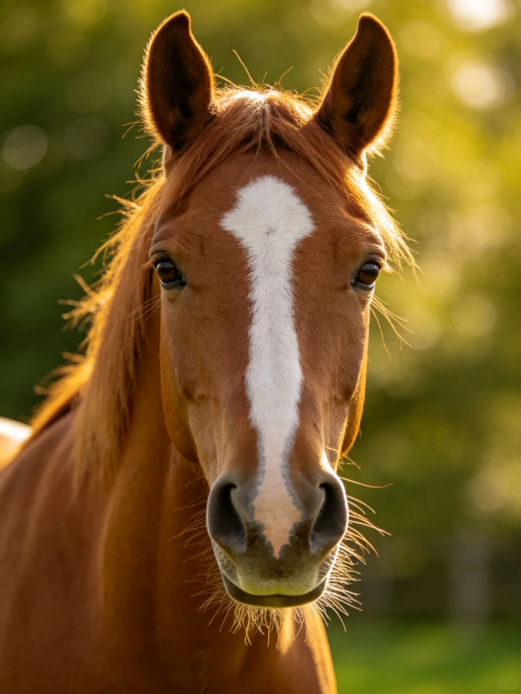 A chestnut horse with a bold white blaze in a sunlit landscape