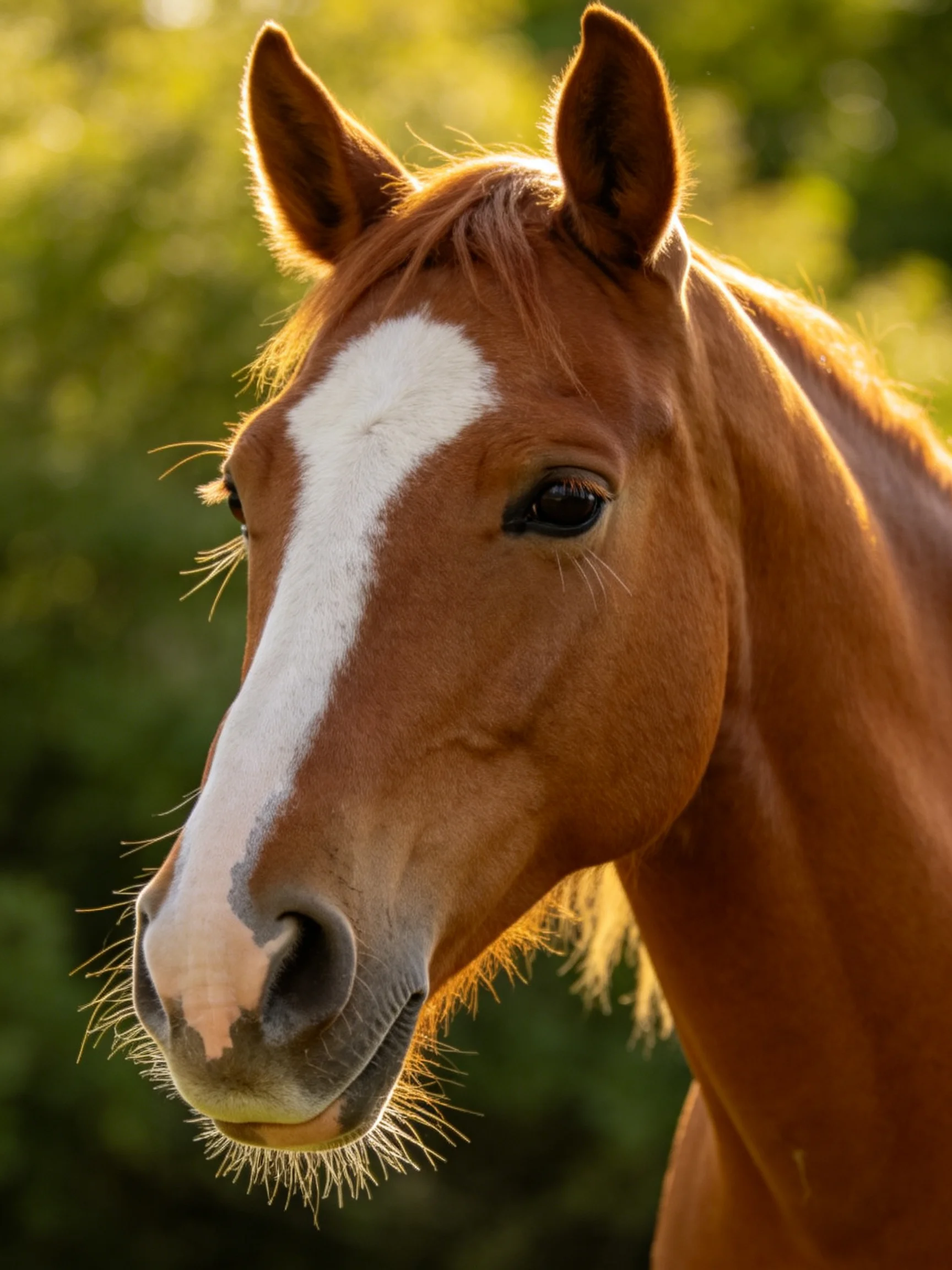 A chestnut horse with a bold white blaze in front of green foliage