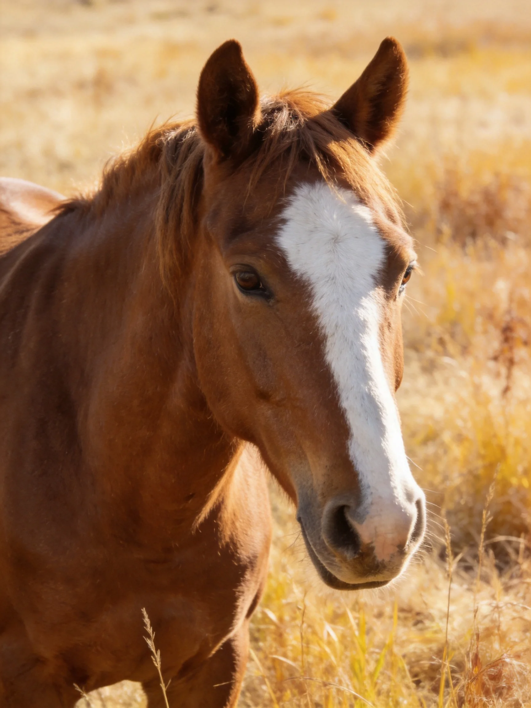 A chestnut horse with a bold white blaze in golden grasslands
