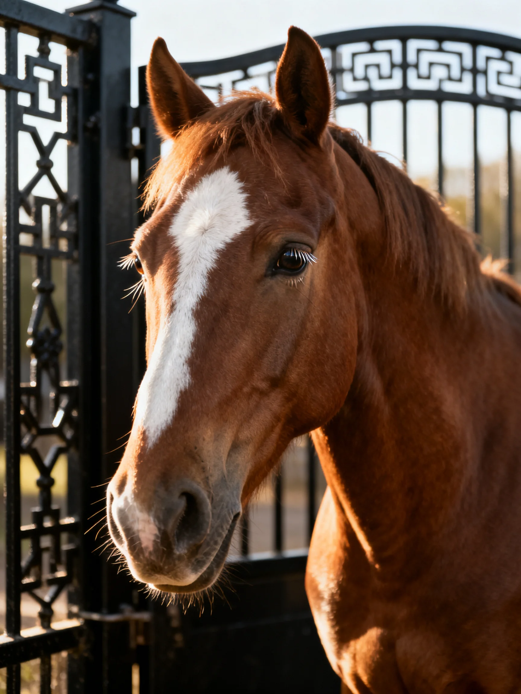 A chestnut horse with a bold white blaze near an ornate black gate