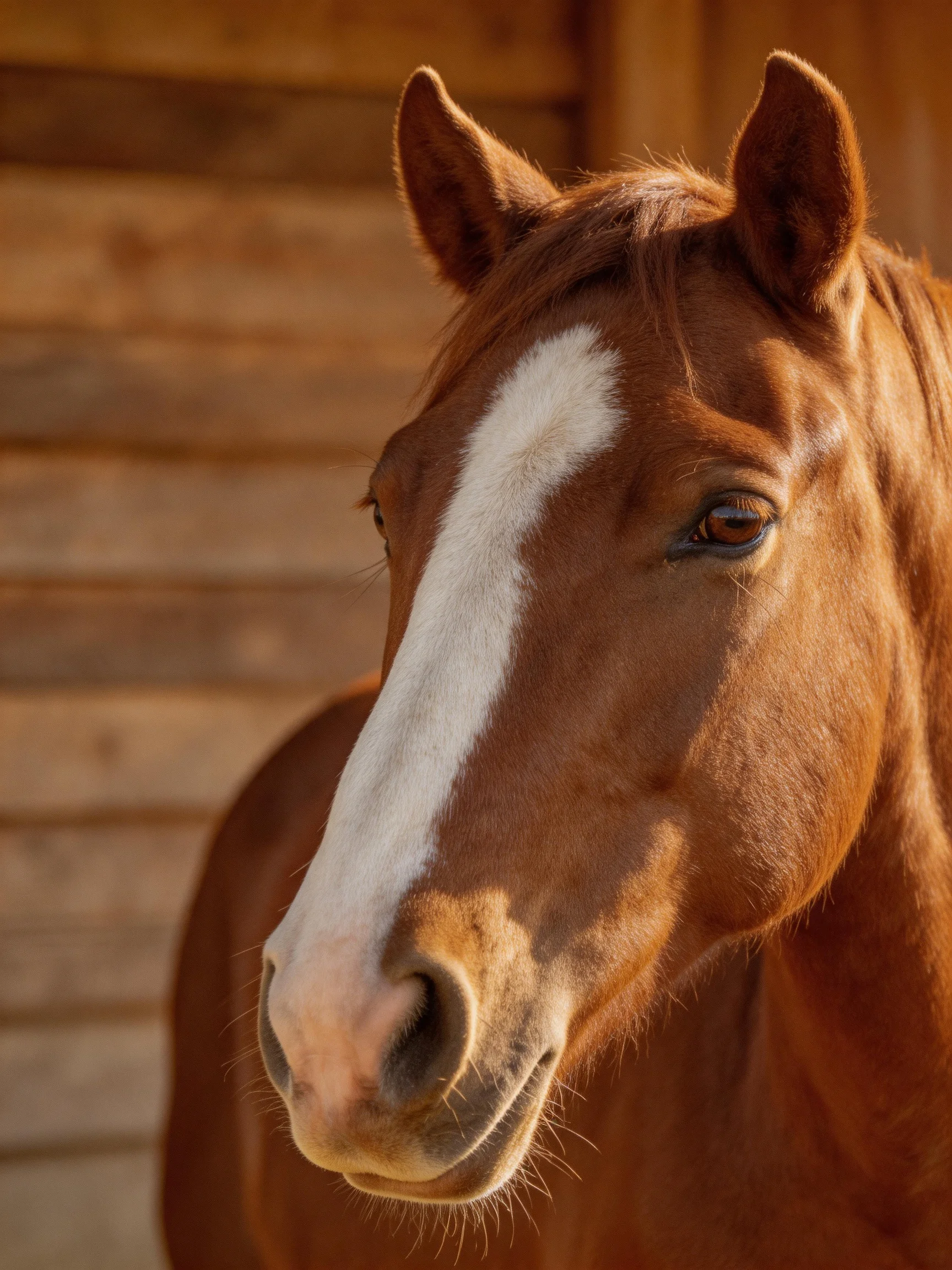 A chestnut horse with a bold white blaze near wooden walls