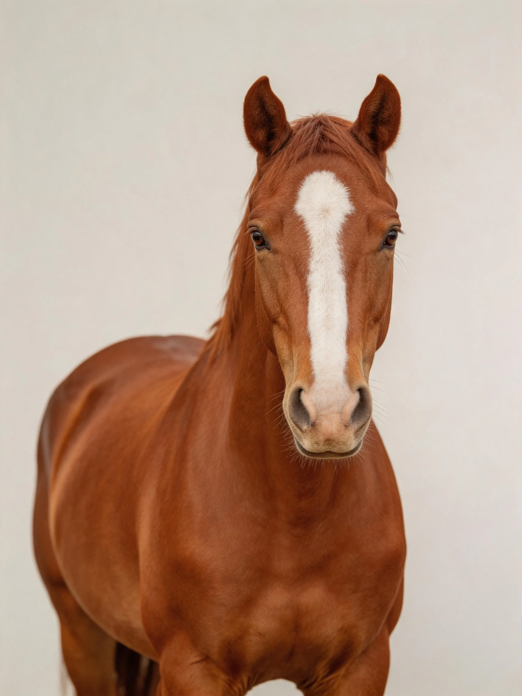 A chestnut horse with a bold white blaze stands against a neutral backdrop.