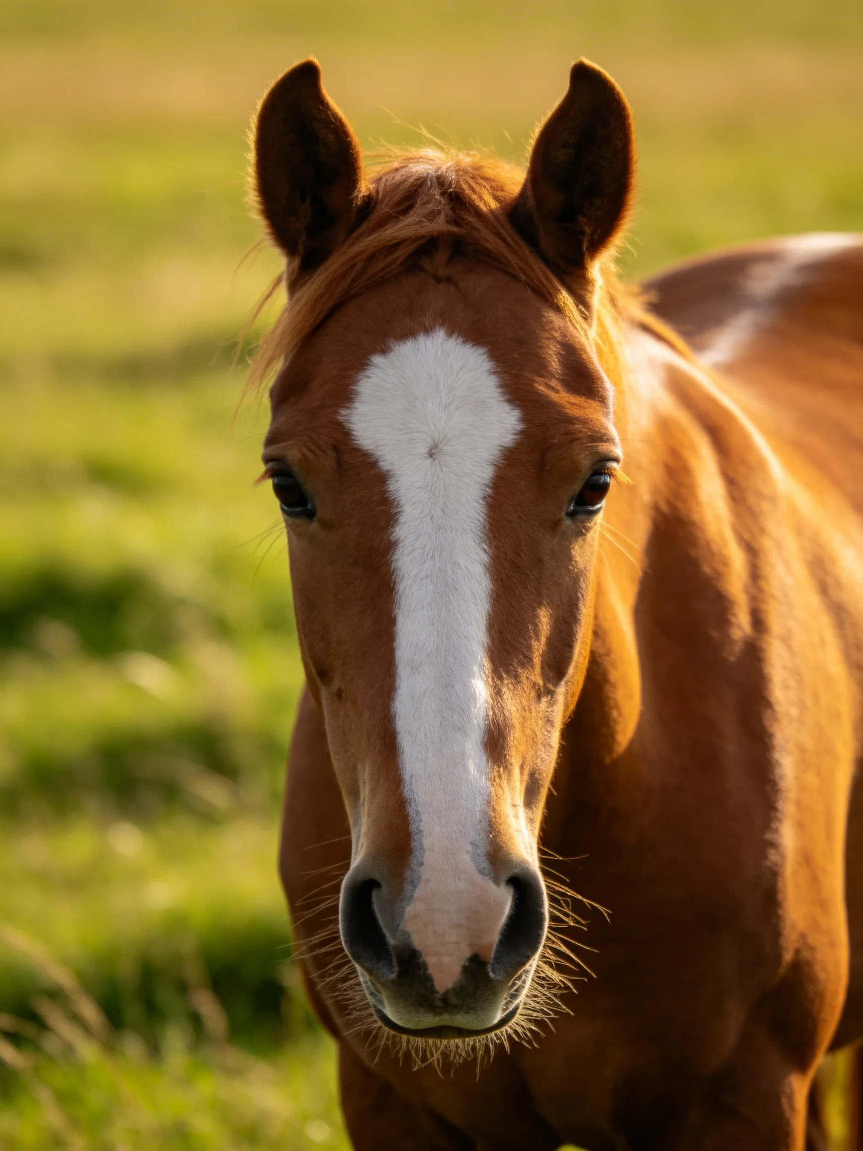 A chestnut horse with a bold white blaze stands in a sunlit green meadow