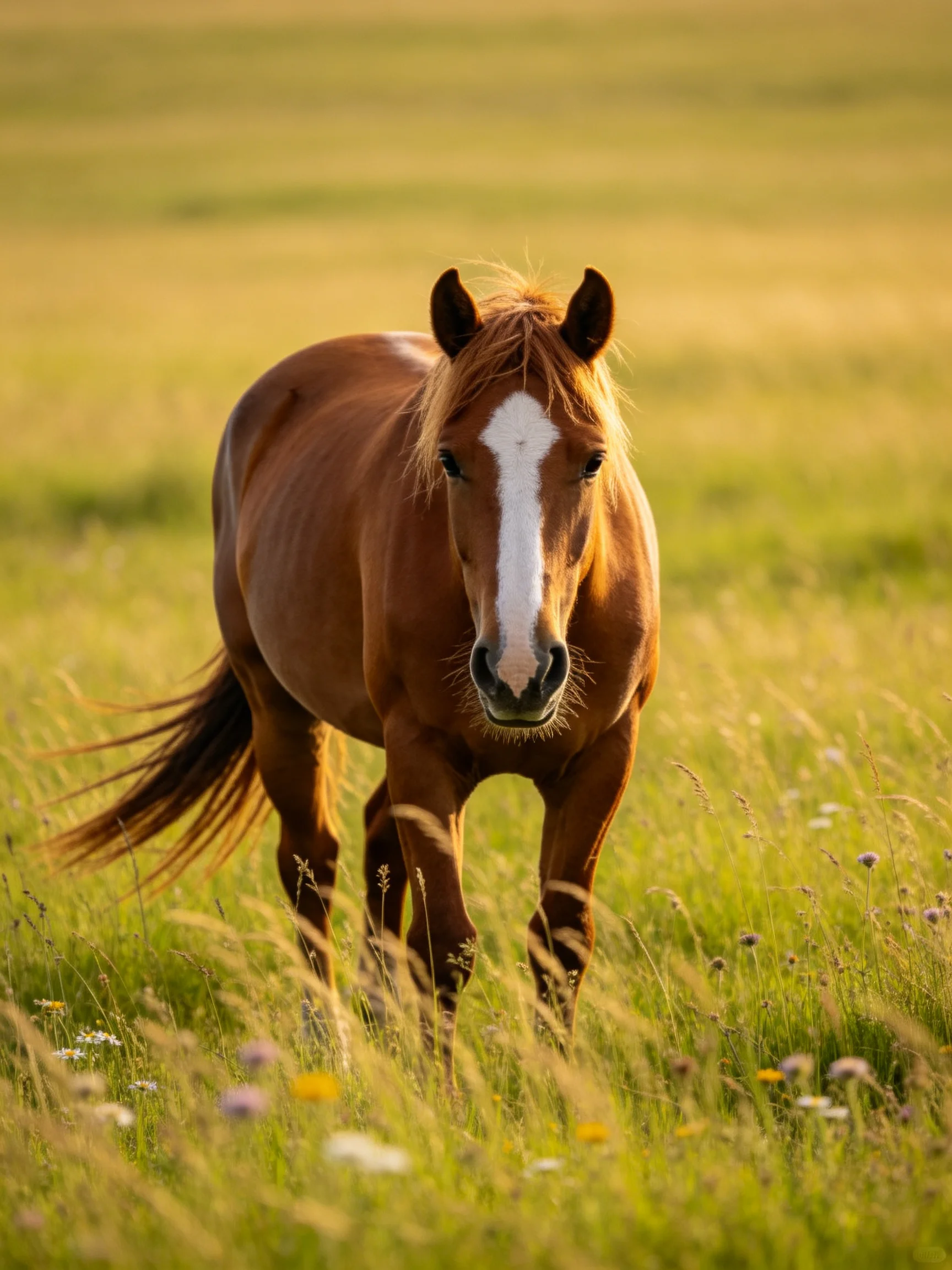 A chestnut horse with a bold white blaze stands in a sunlit meadow