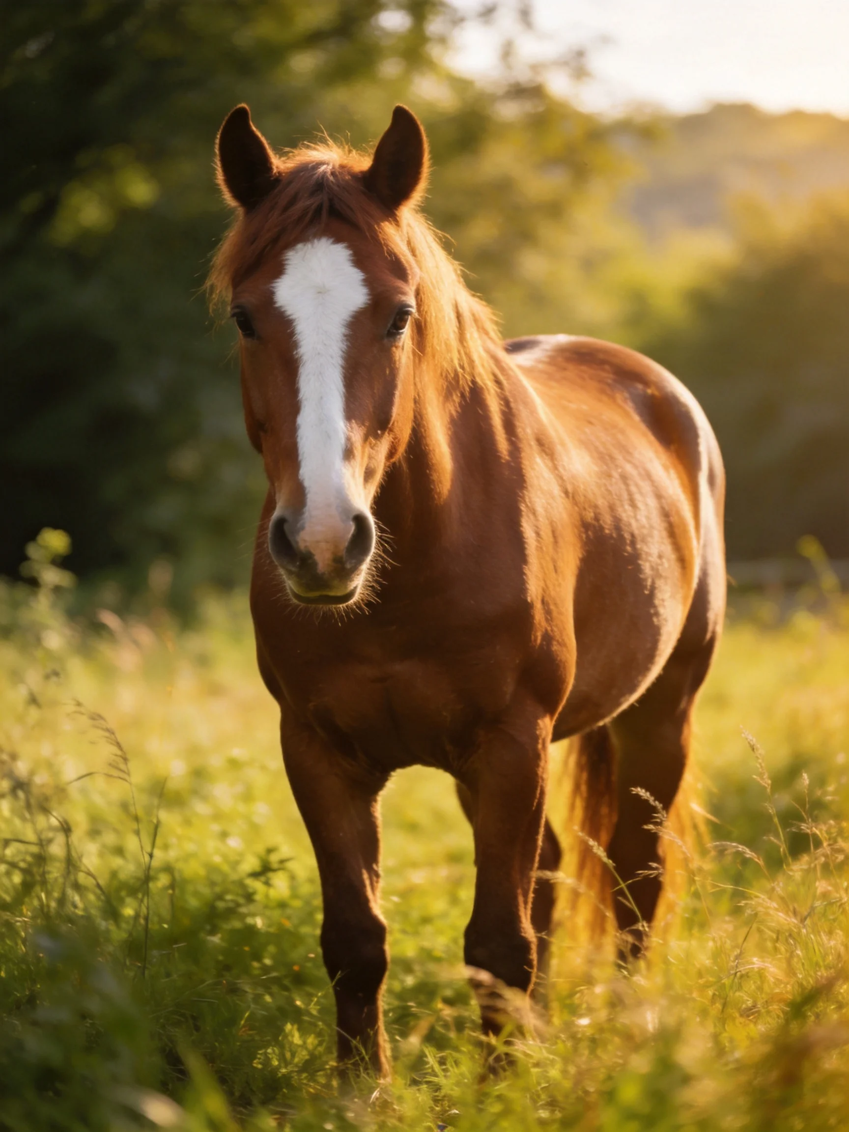 A chestnut horse with a bold white blaze stands in sunlit grassy fields