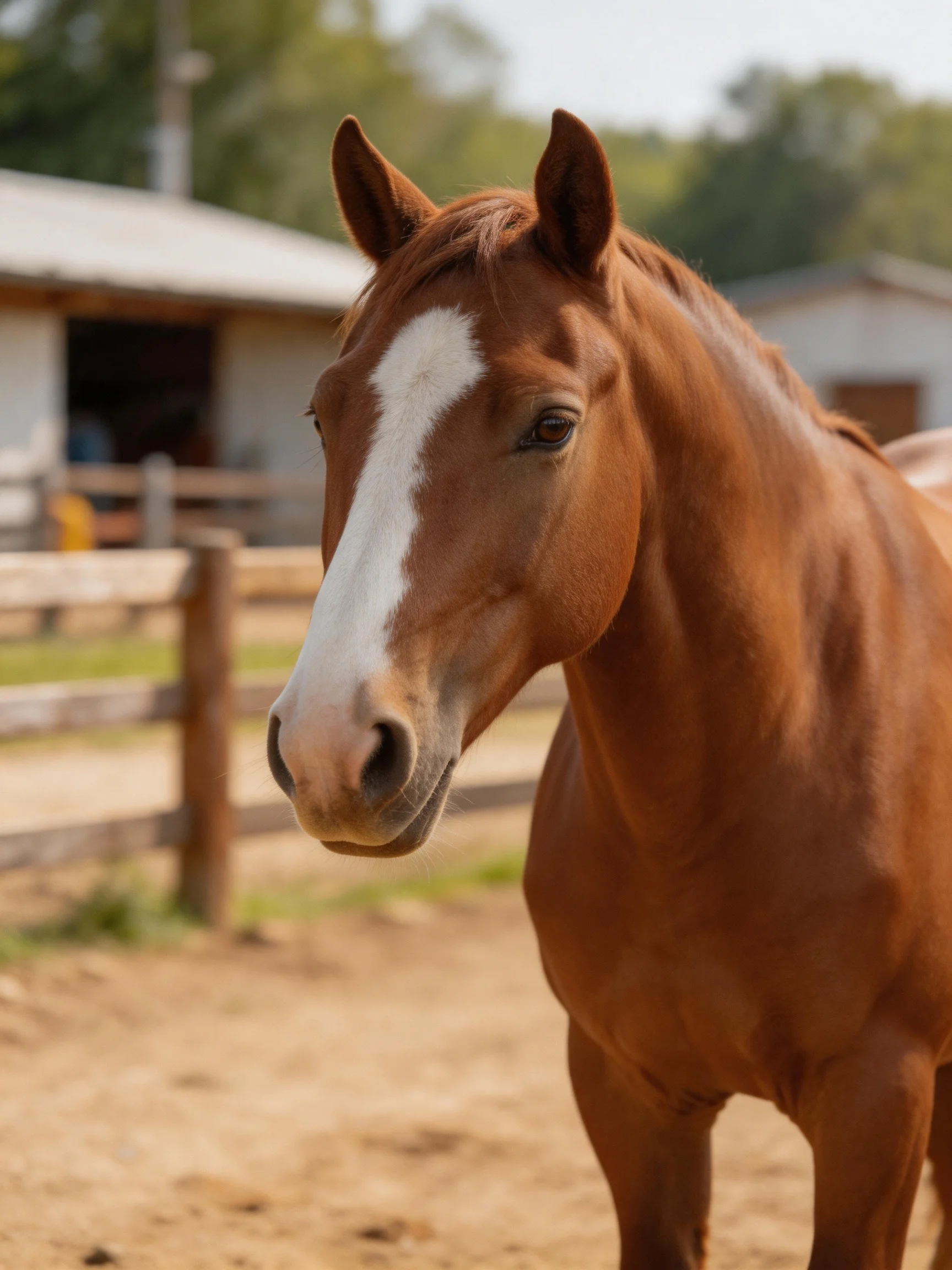 A chestnut horse with a bold white blaze stands near wooden fences