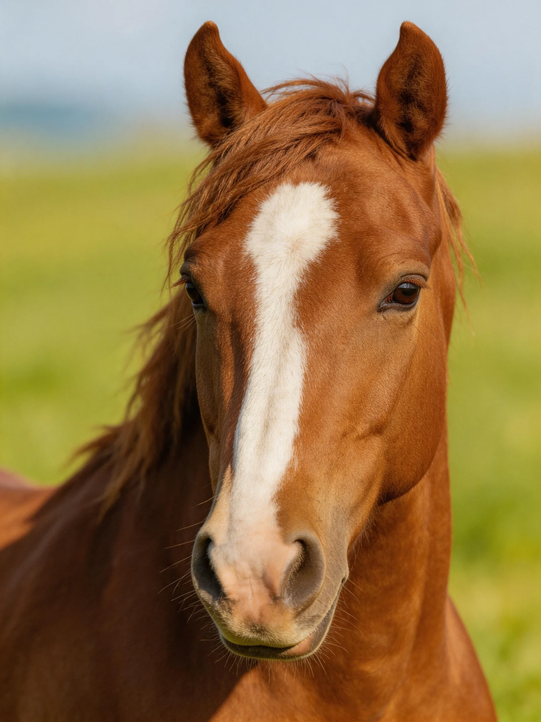 A chestnut horse with a bold white facial marking in a green landscape