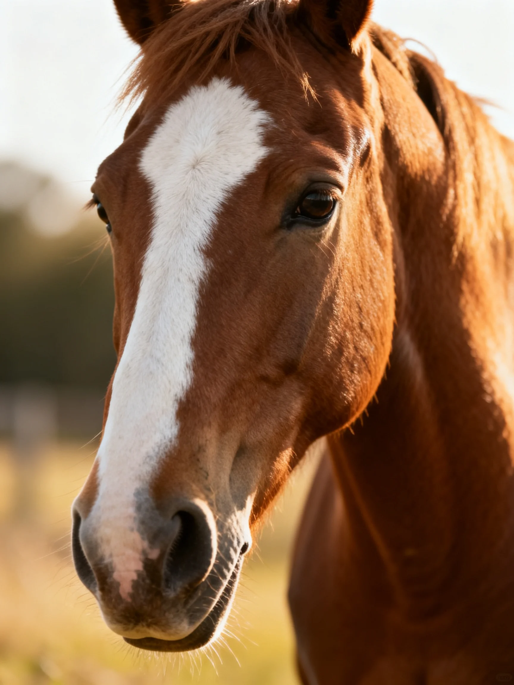 A chestnut horse with a bold white facial marking in a sunlit field