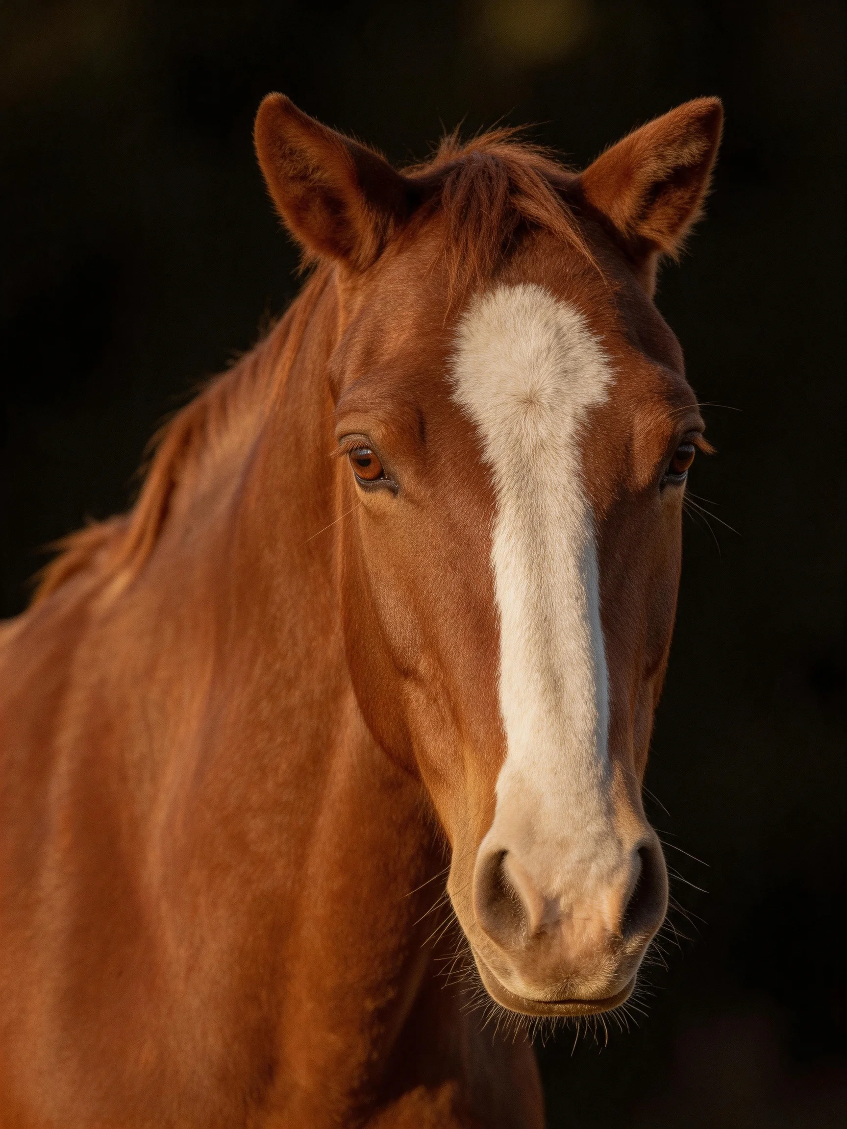 A chestnut horse with a bold white facial stripe