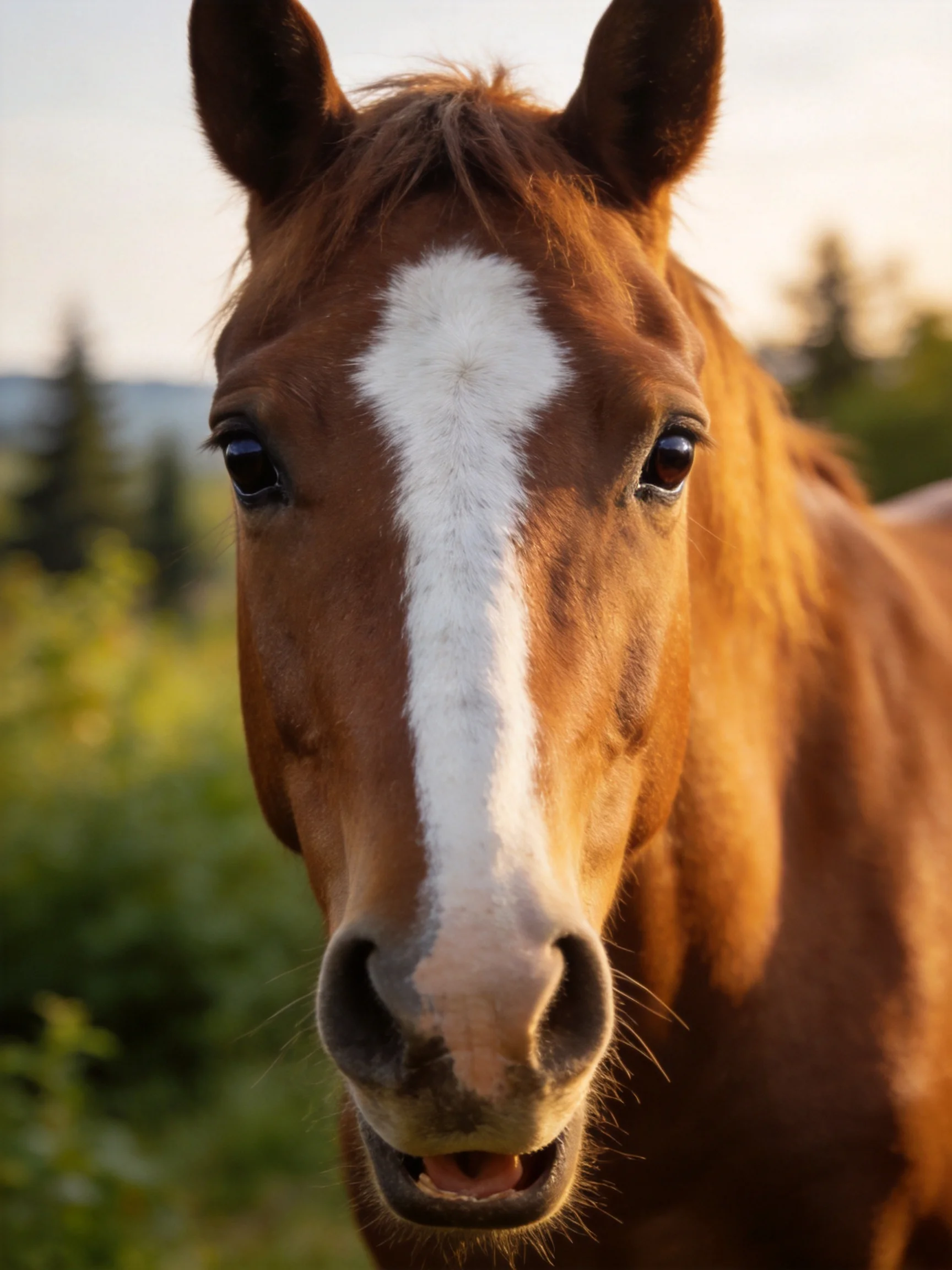 A chestnut horse with a bold white facial stripe in a natural landscape