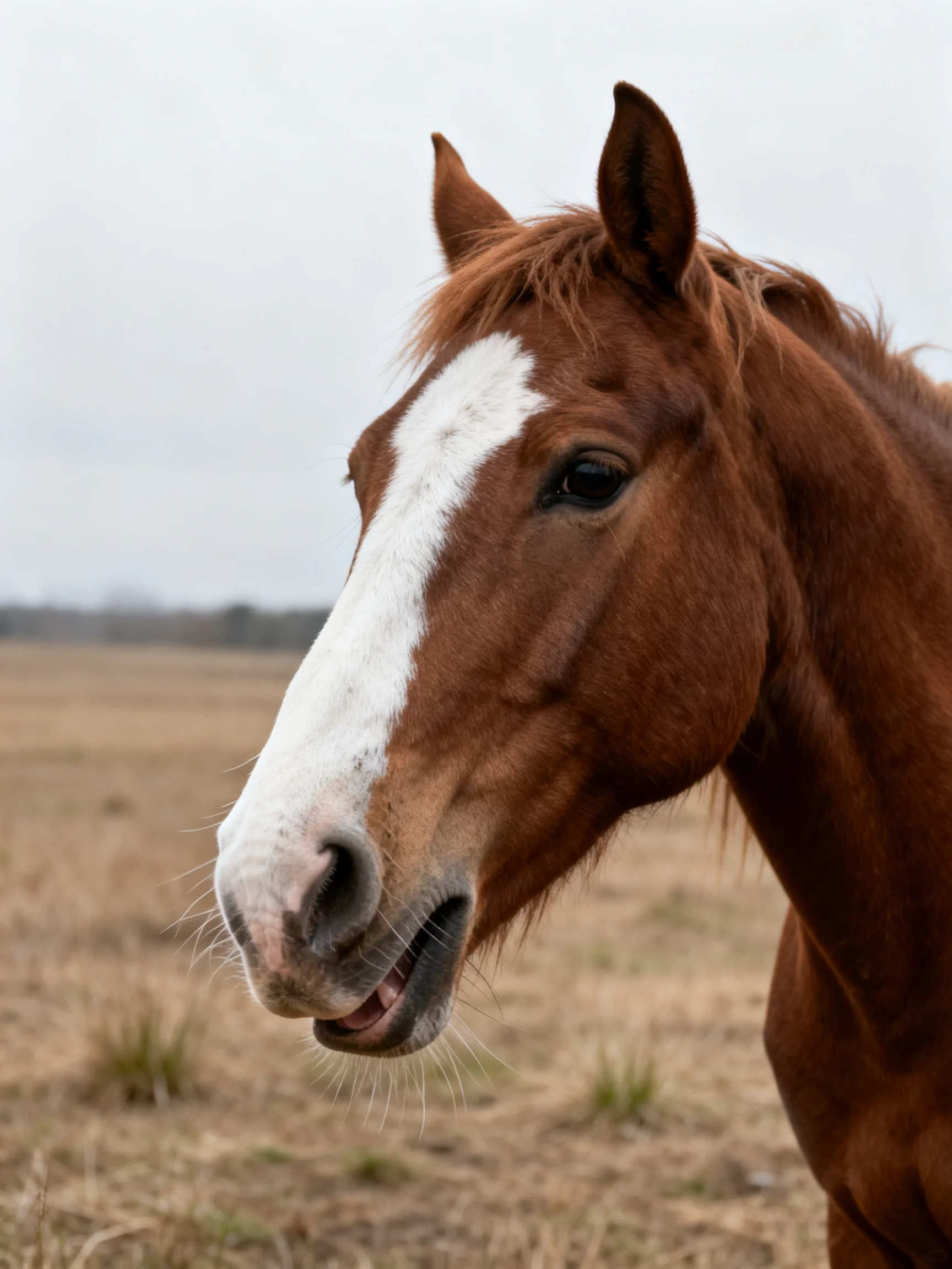 A chestnut horse with a bold white facial stripe in an open field