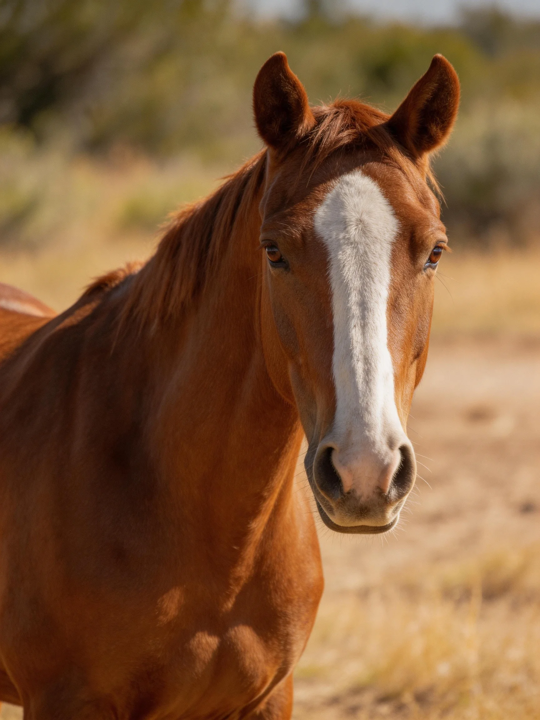 A chestnut horse with a bold white facial stripe in an open landscape