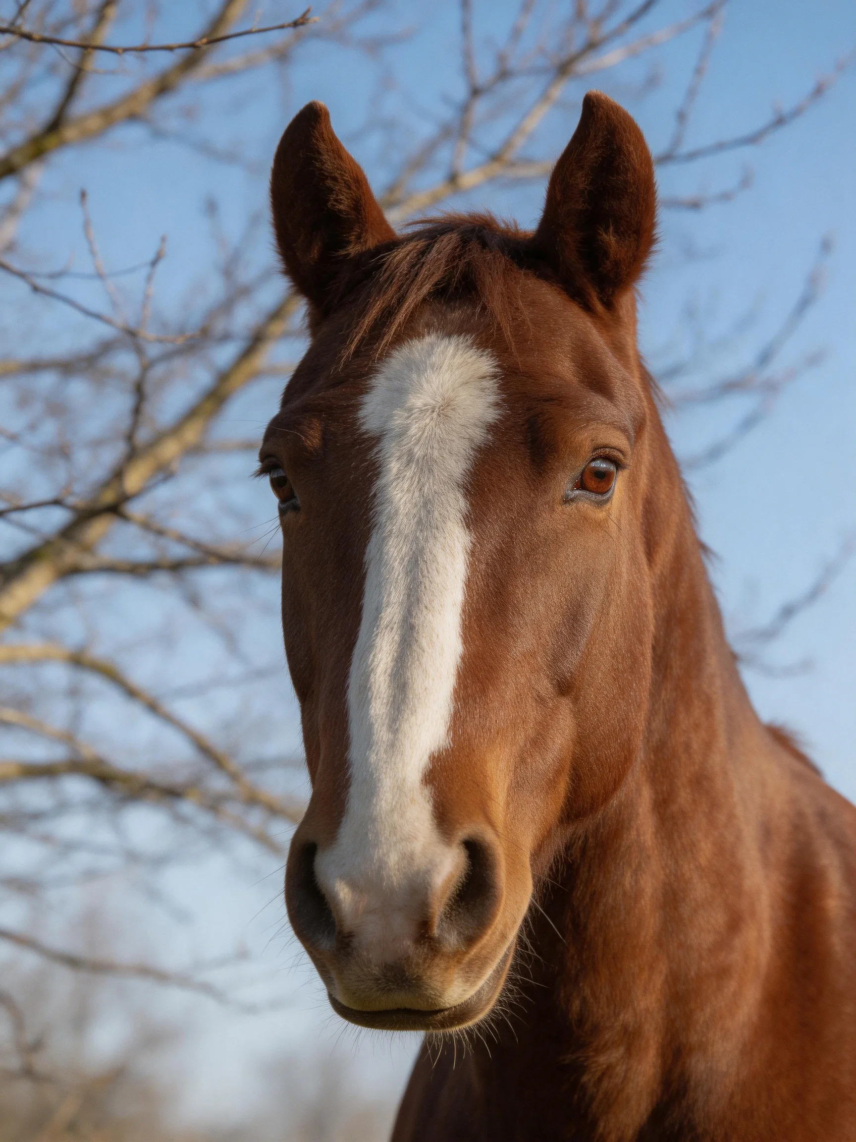 A chestnut horse with a bold white facial stripe near leafless trees