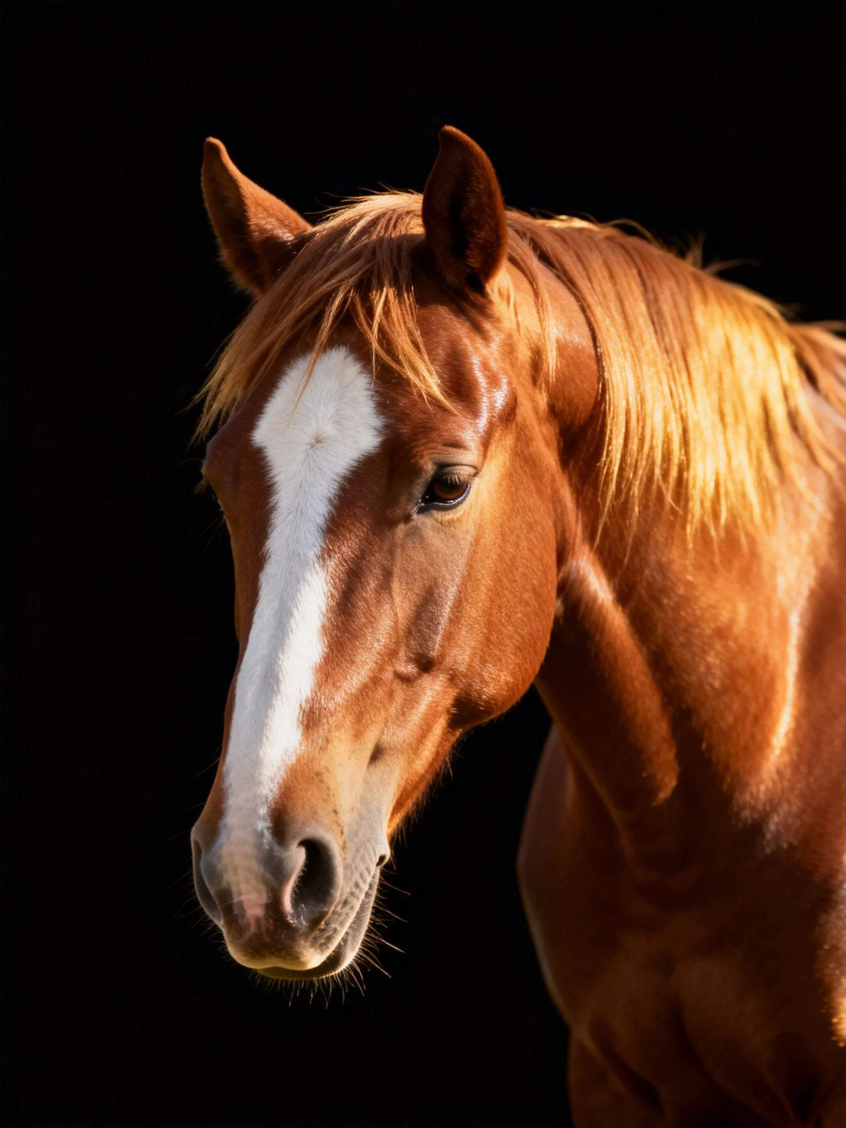 A chestnut horse with a bold white facial stripe on a dark background