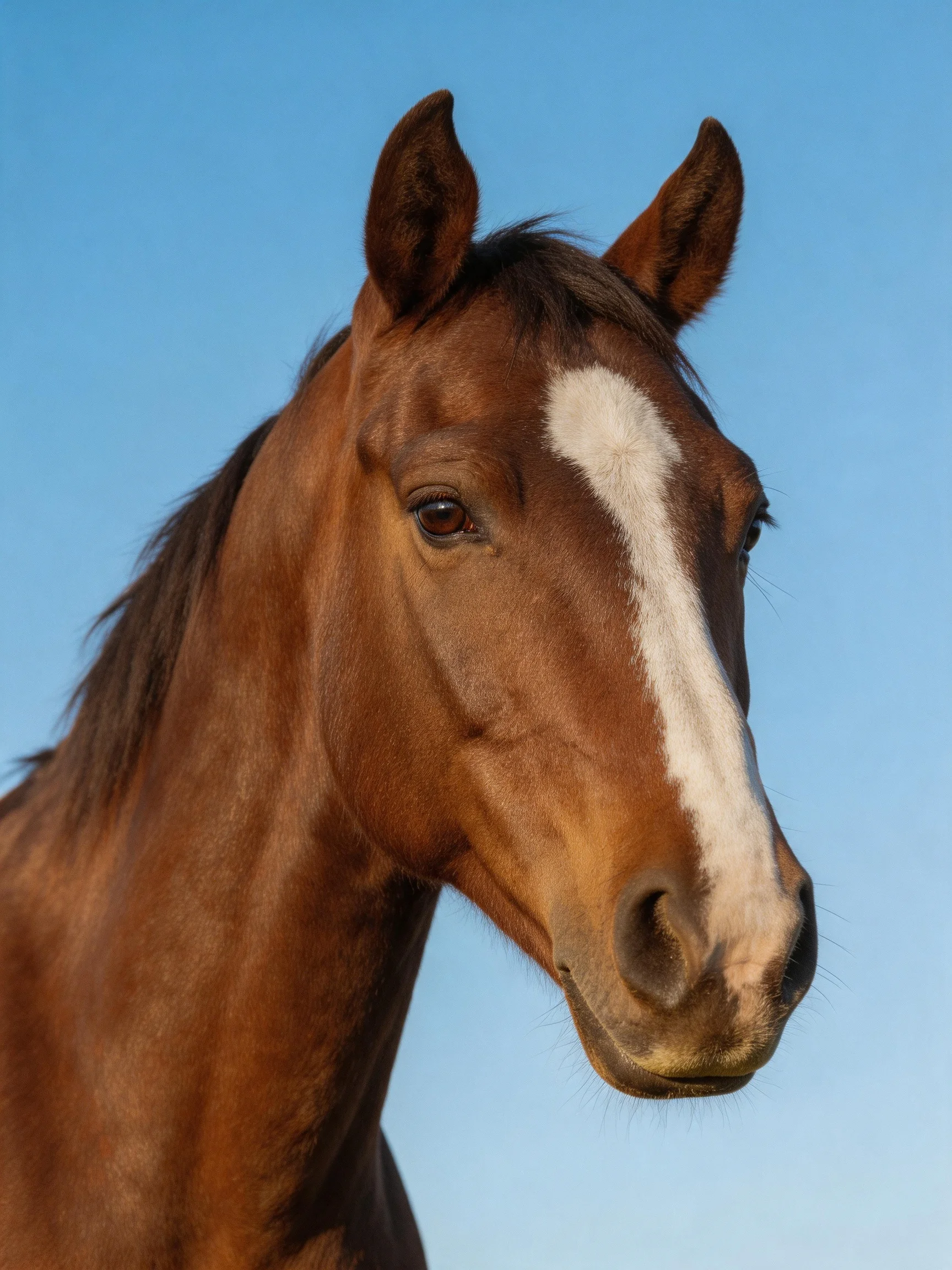 A chestnut horse with a bold white facial stripe under bright blue sky