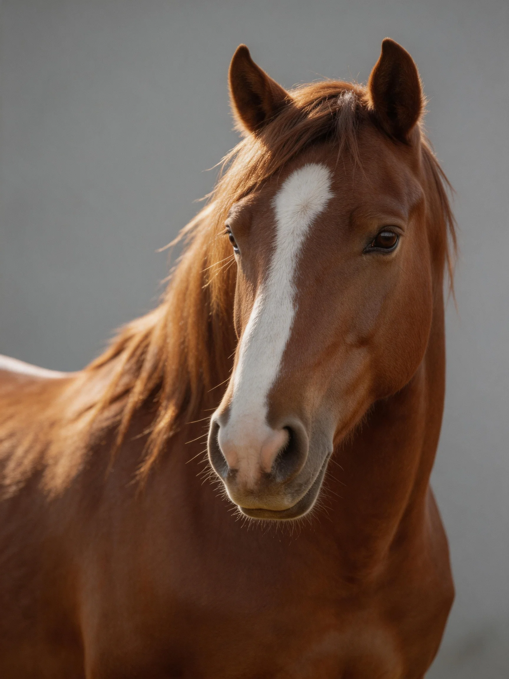 A chestnut horse with a bold white facial stripe