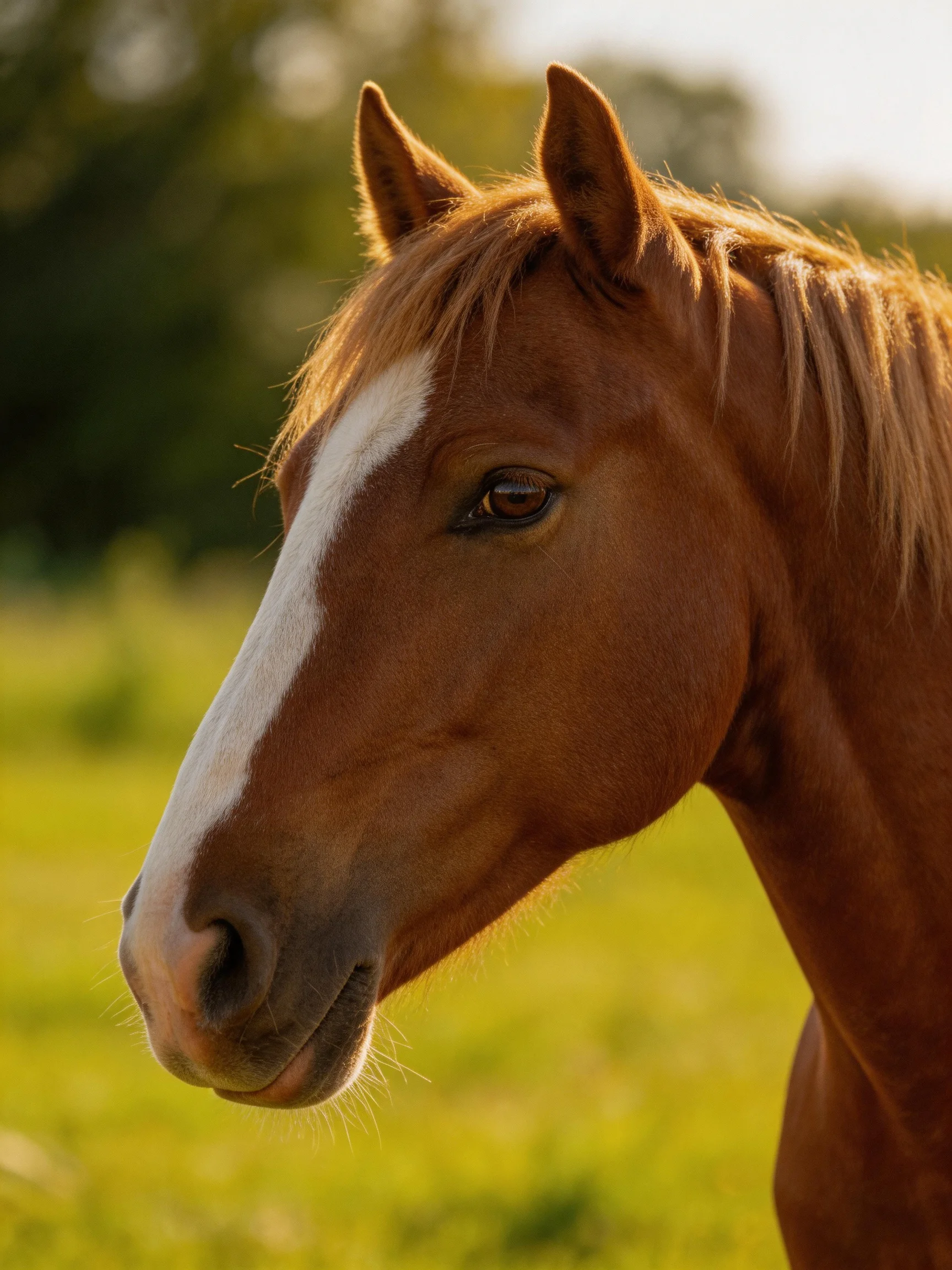 A chestnut horse with a bold white stripe in a sunlit meadow