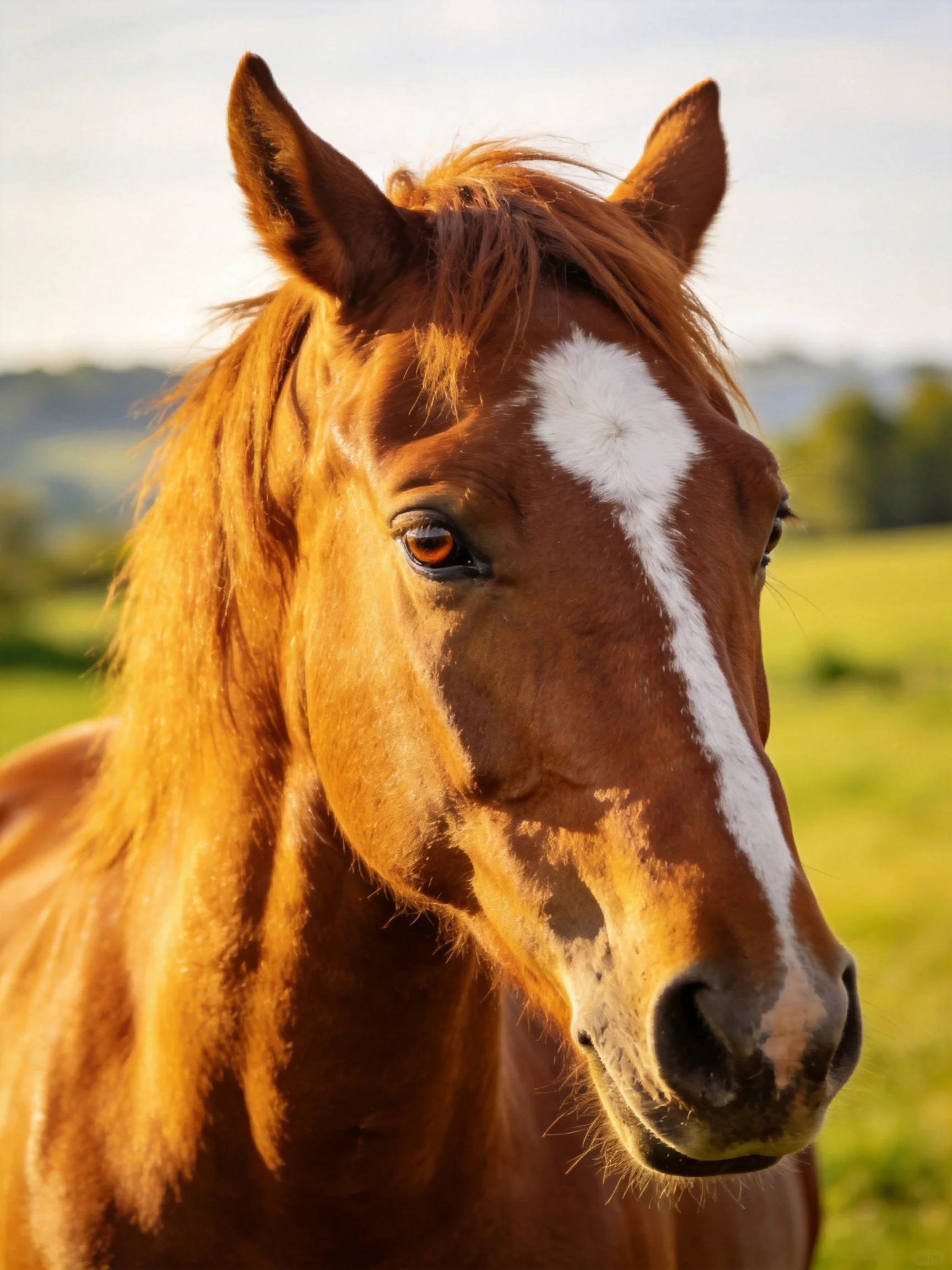 A chestnut horse with a bold white stripe on its face in a sunlit meadow