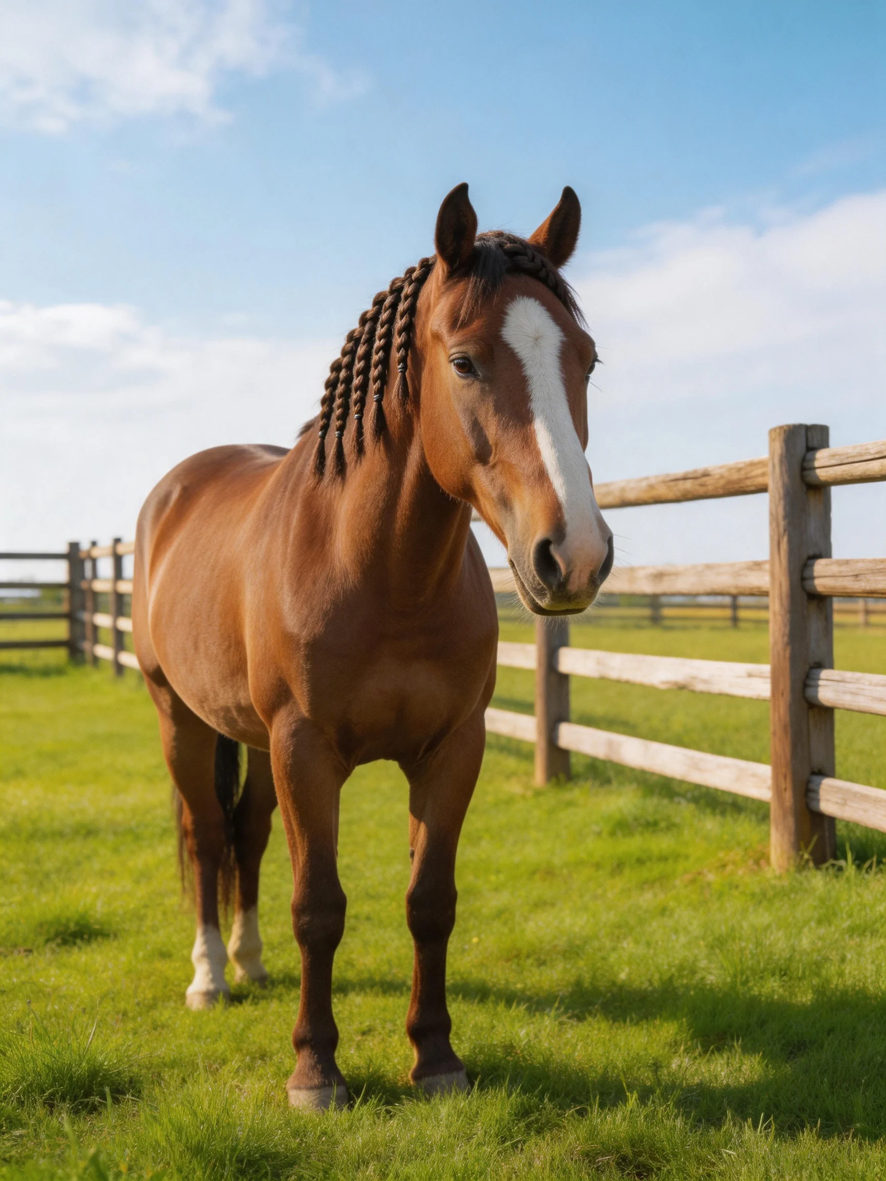 A chestnut horse with a braided mane stands in a sunlit pasture near wooden fences.