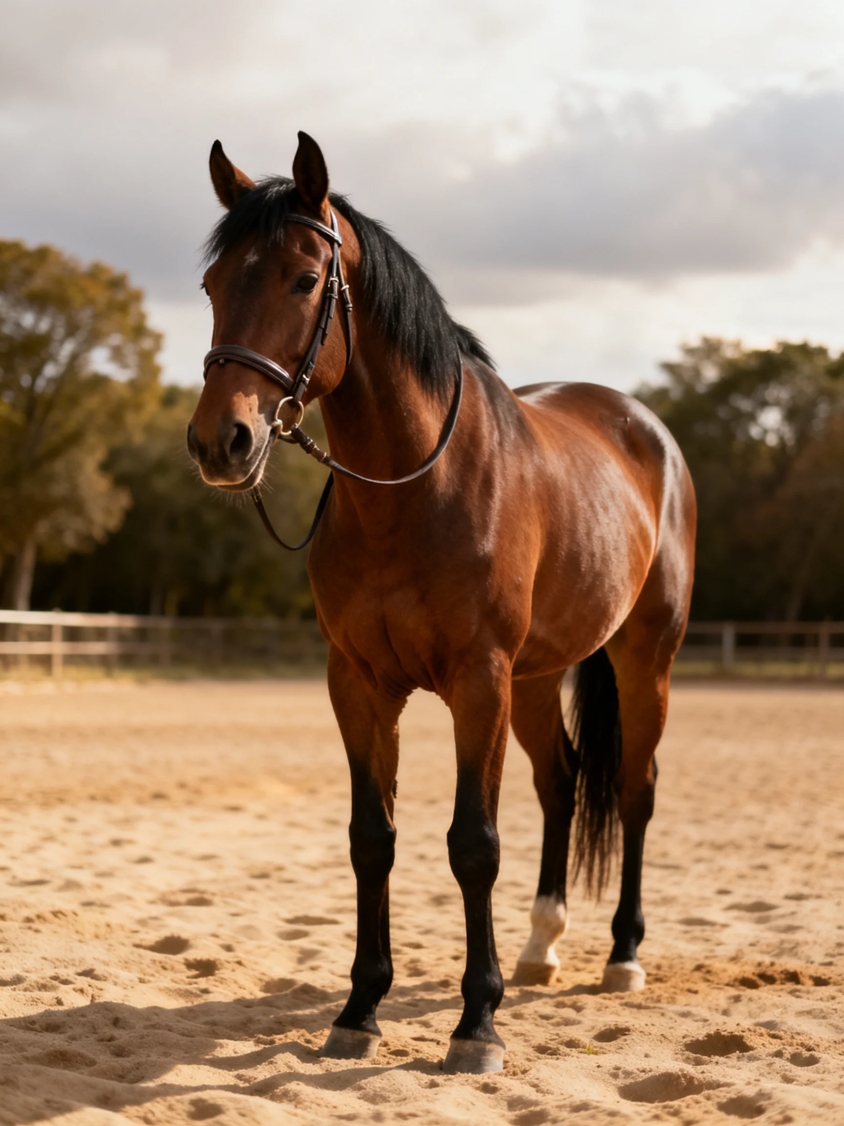 A chestnut horse with a bridle and black mane stands on sandy ground