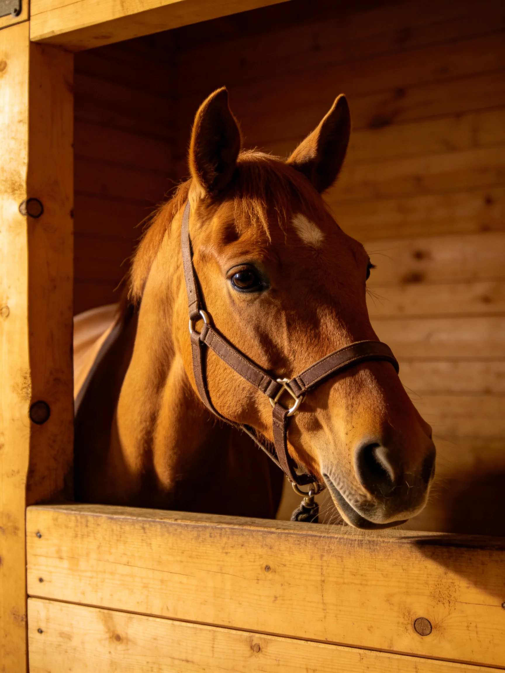 A chestnut horse with a bridle inside a wooden stable