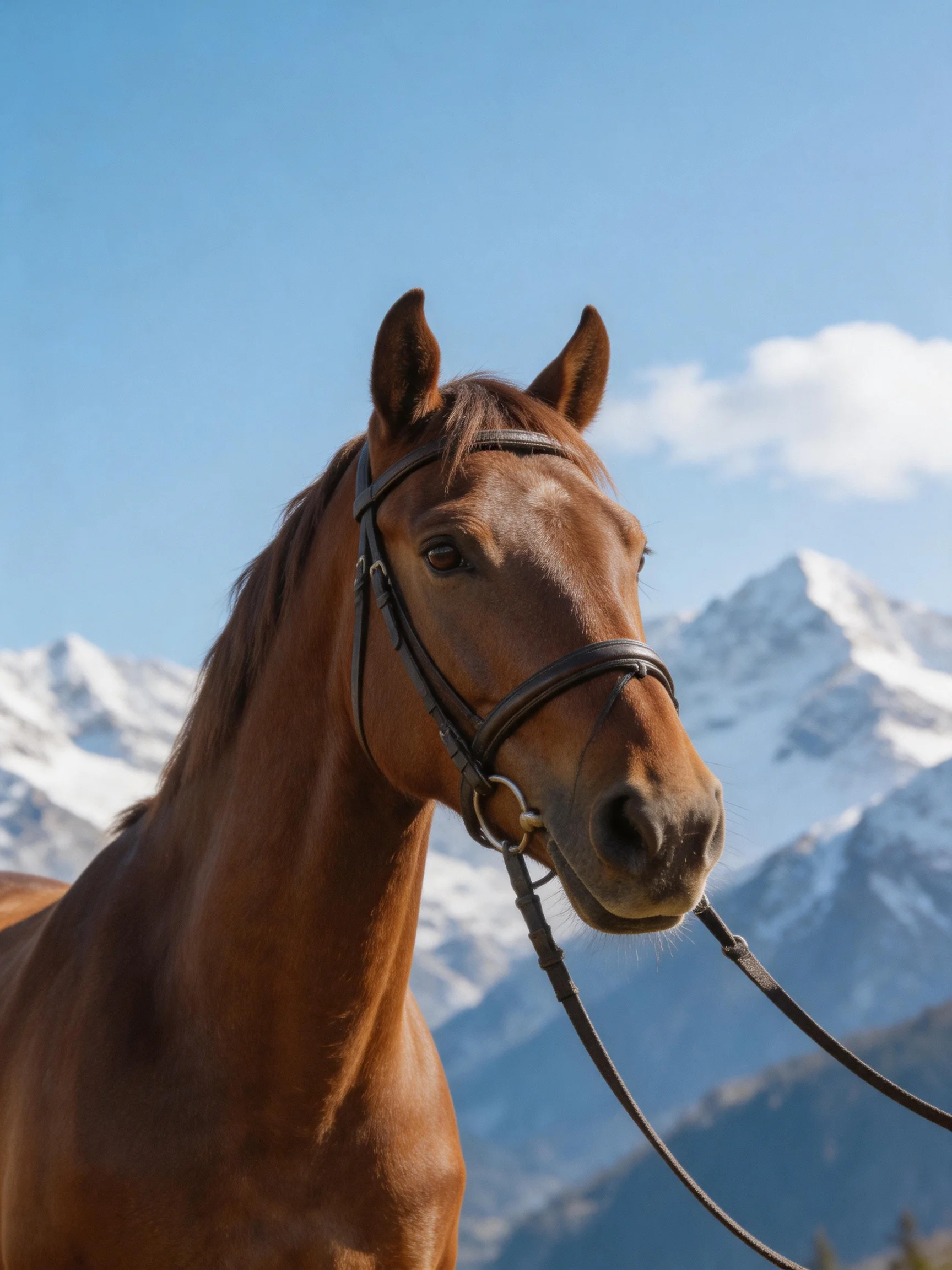 A chestnut horse with a bridle near snow-capped mountain peaks