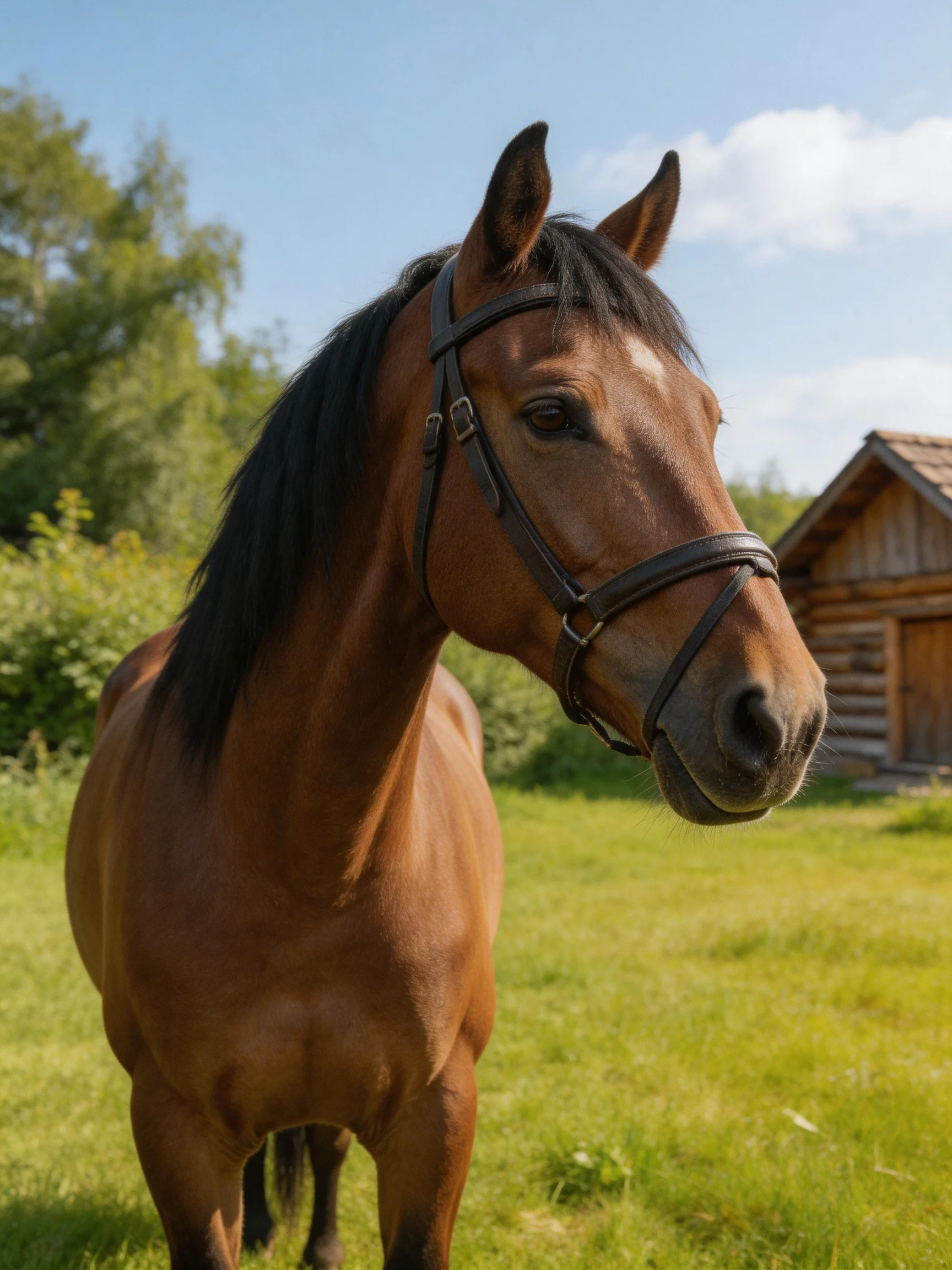 A chestnut horse with a bridle stands in a green pasture near a wooden cabin
