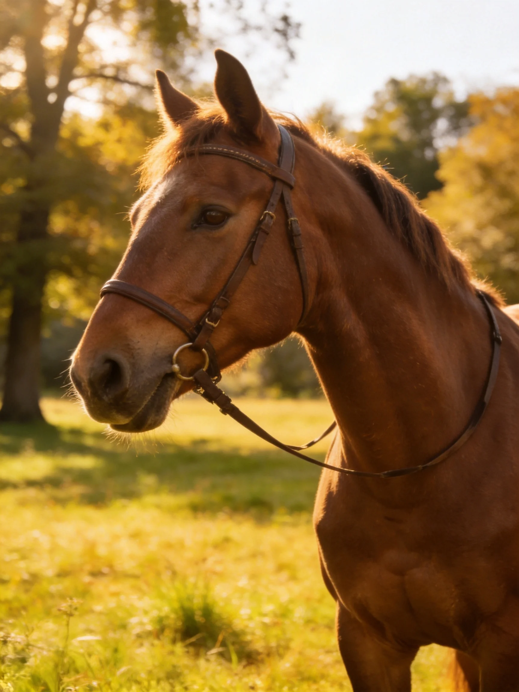 A chestnut horse with a bridle stands in a sunlit meadow