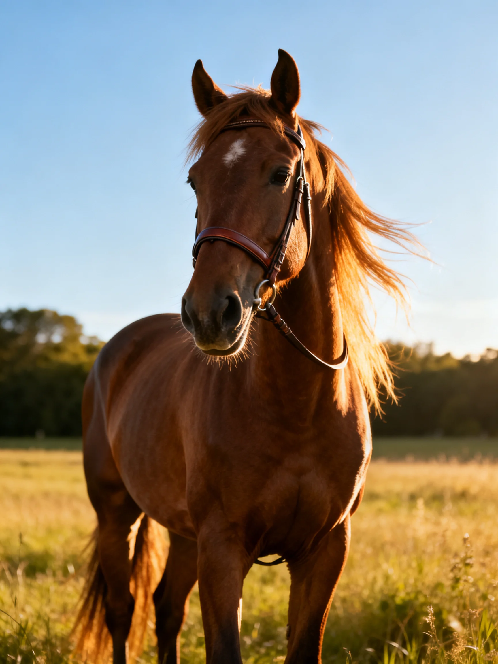 A chestnut horse with a bridle stands in a sunlit open field