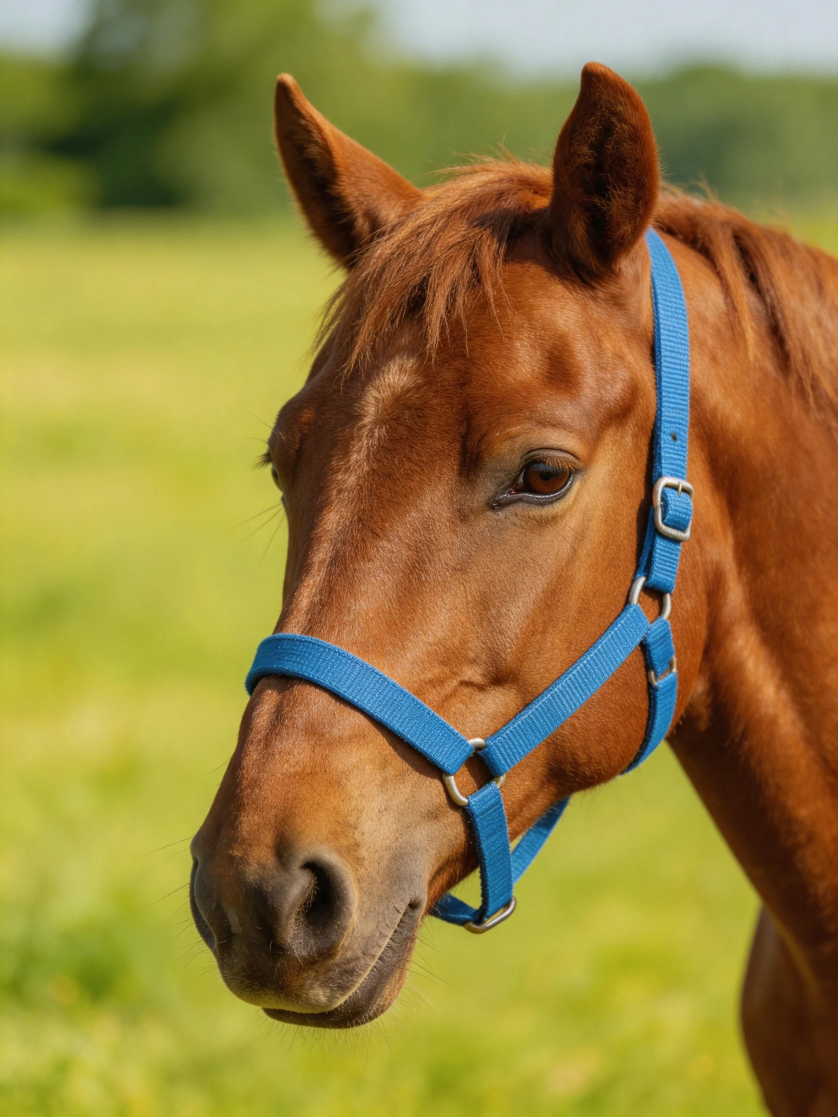 A chestnut horse with a bright blue halter in a sunlit meadow