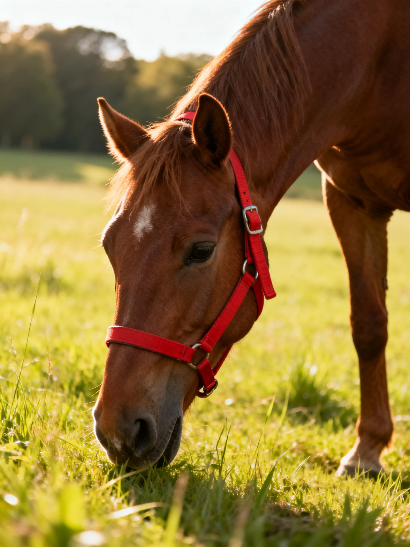 A chestnut horse with a red halter feeds on grass in a sunlit open field.