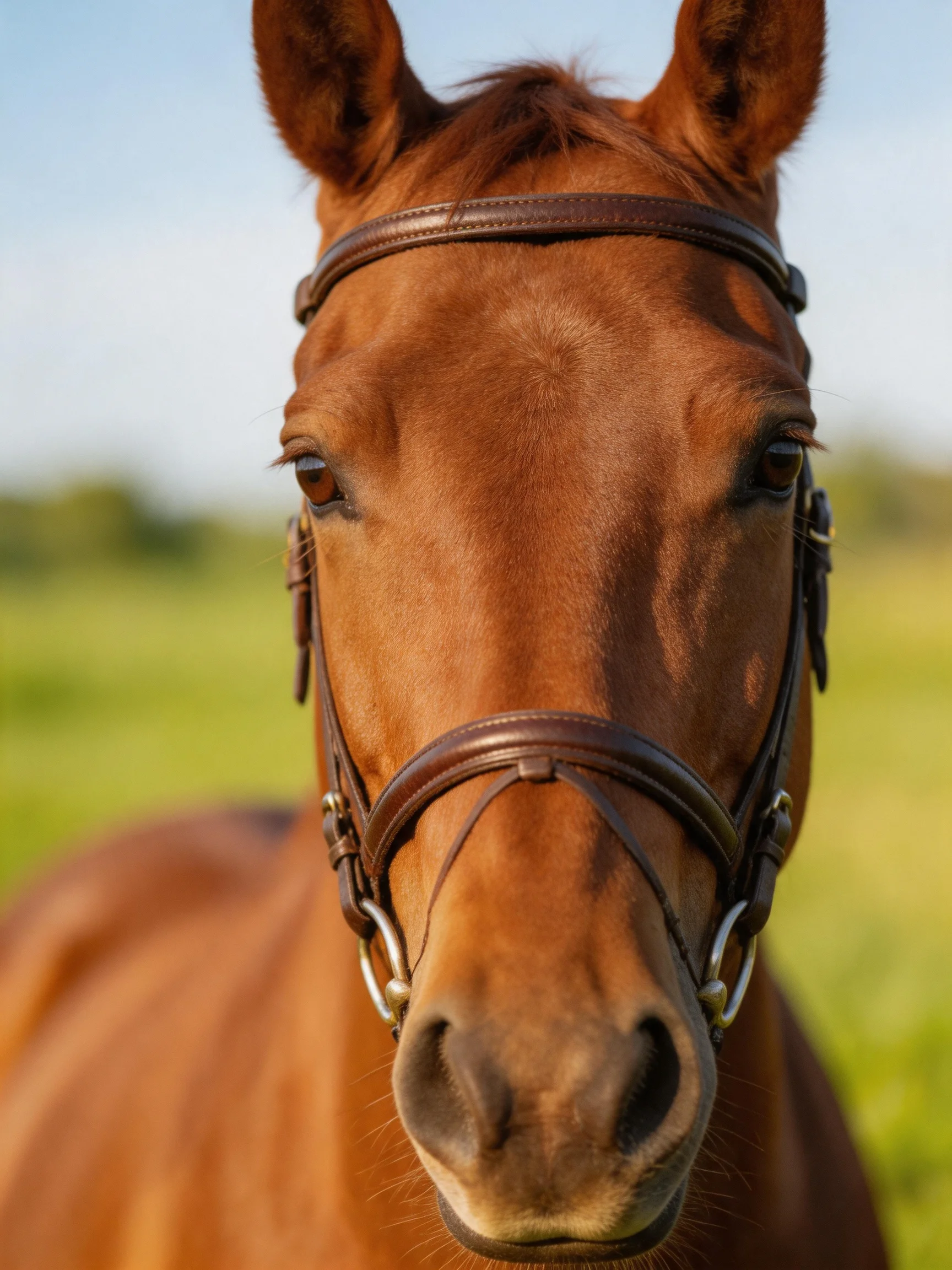 A chestnut horse with a brown bridle in a green field