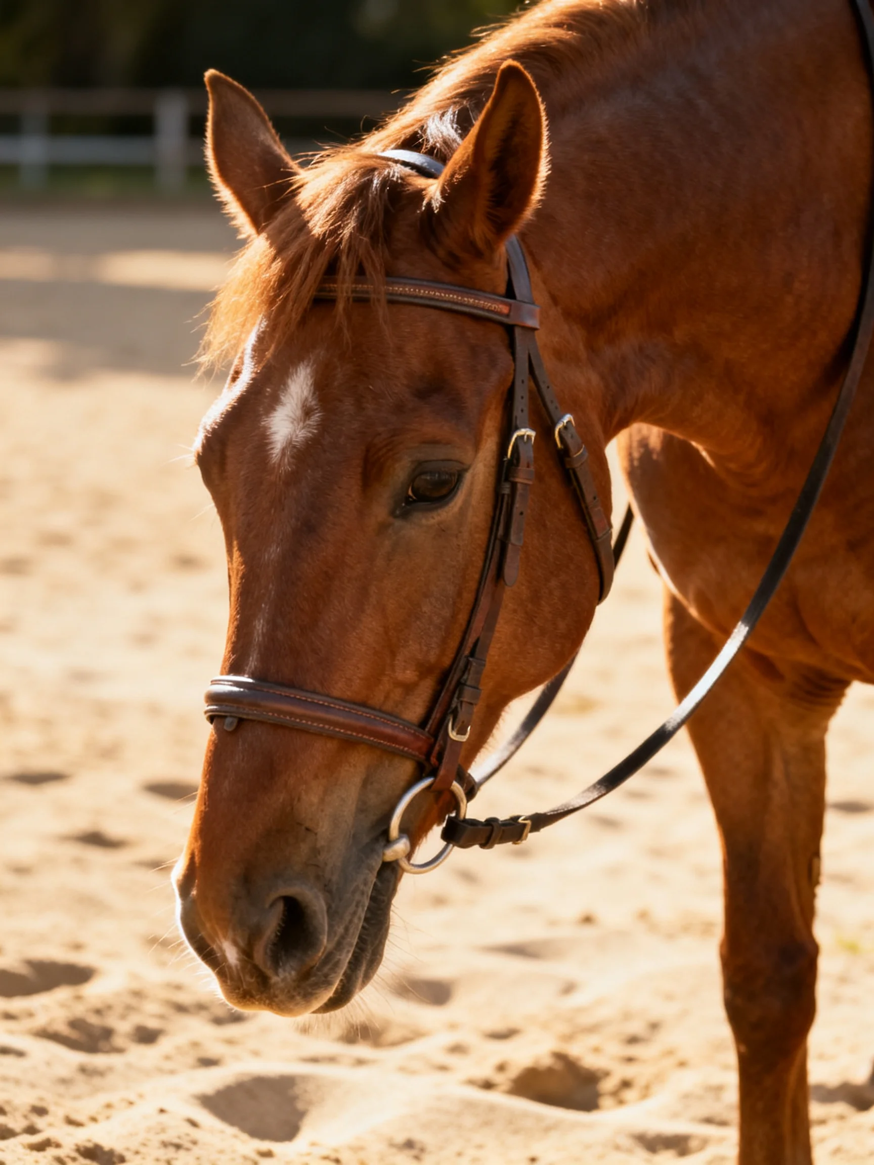 A chestnut horse with a bridle stands in a sandy outdoor area.