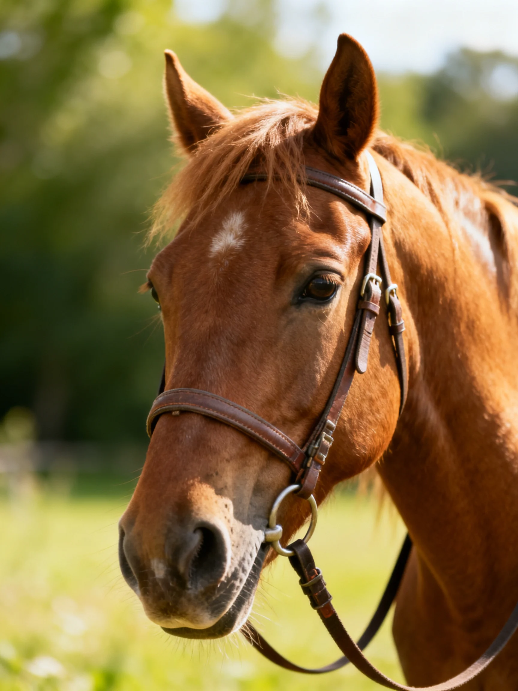 A chestnut horse with a bridle stands in a sunlit outdoor setting.