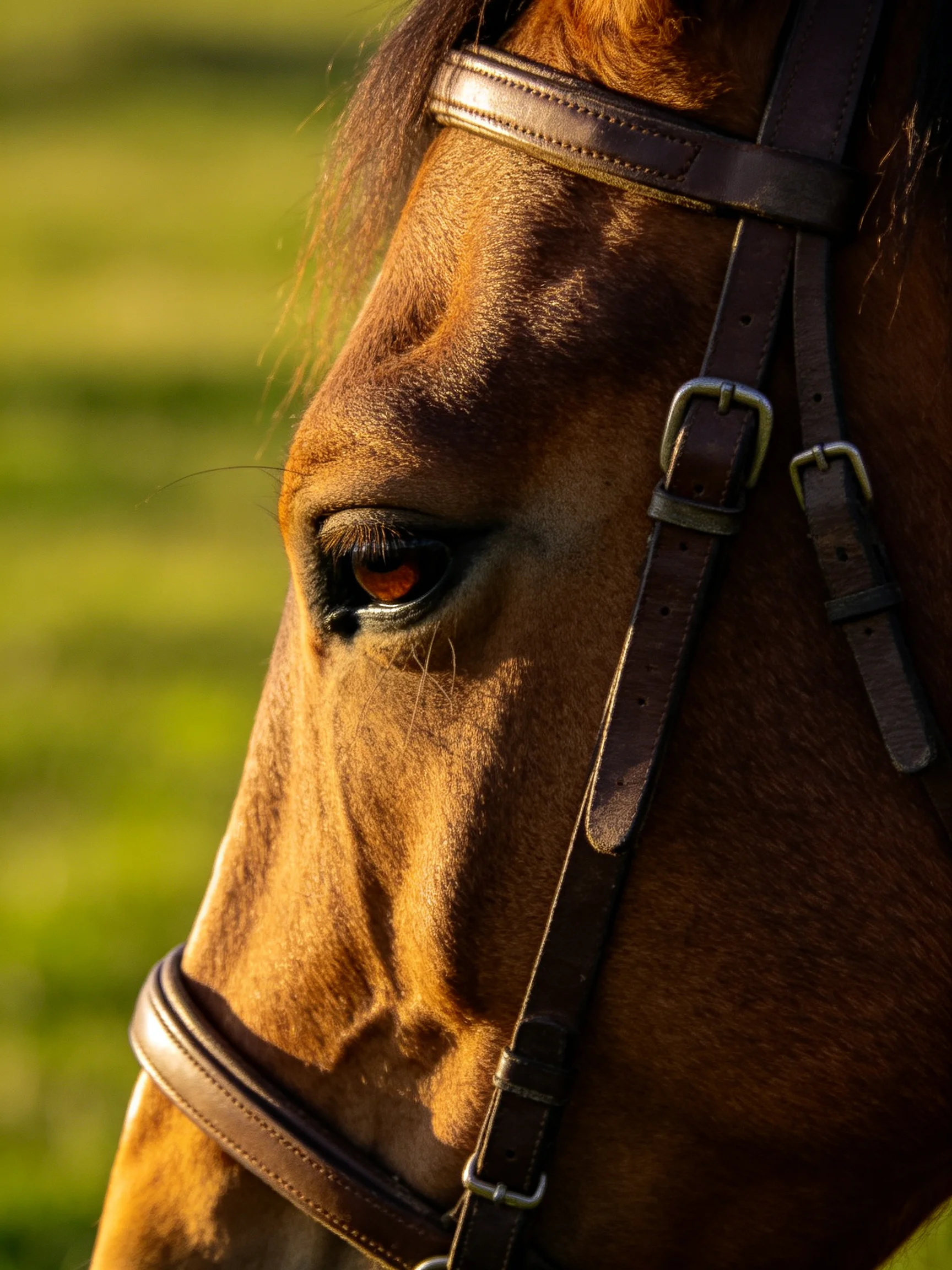 A chestnut horse wearing a dark brown bridle is shown up close in a sunlit green area.