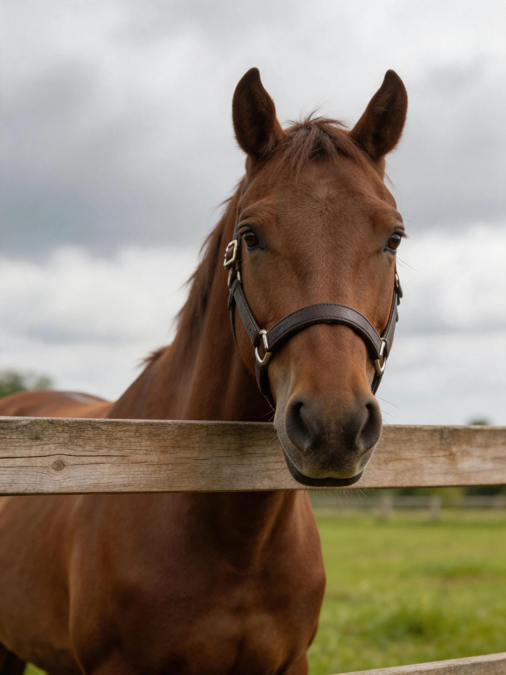 A chestnut horse with a halter stands by a wooden fence in a rural setting.