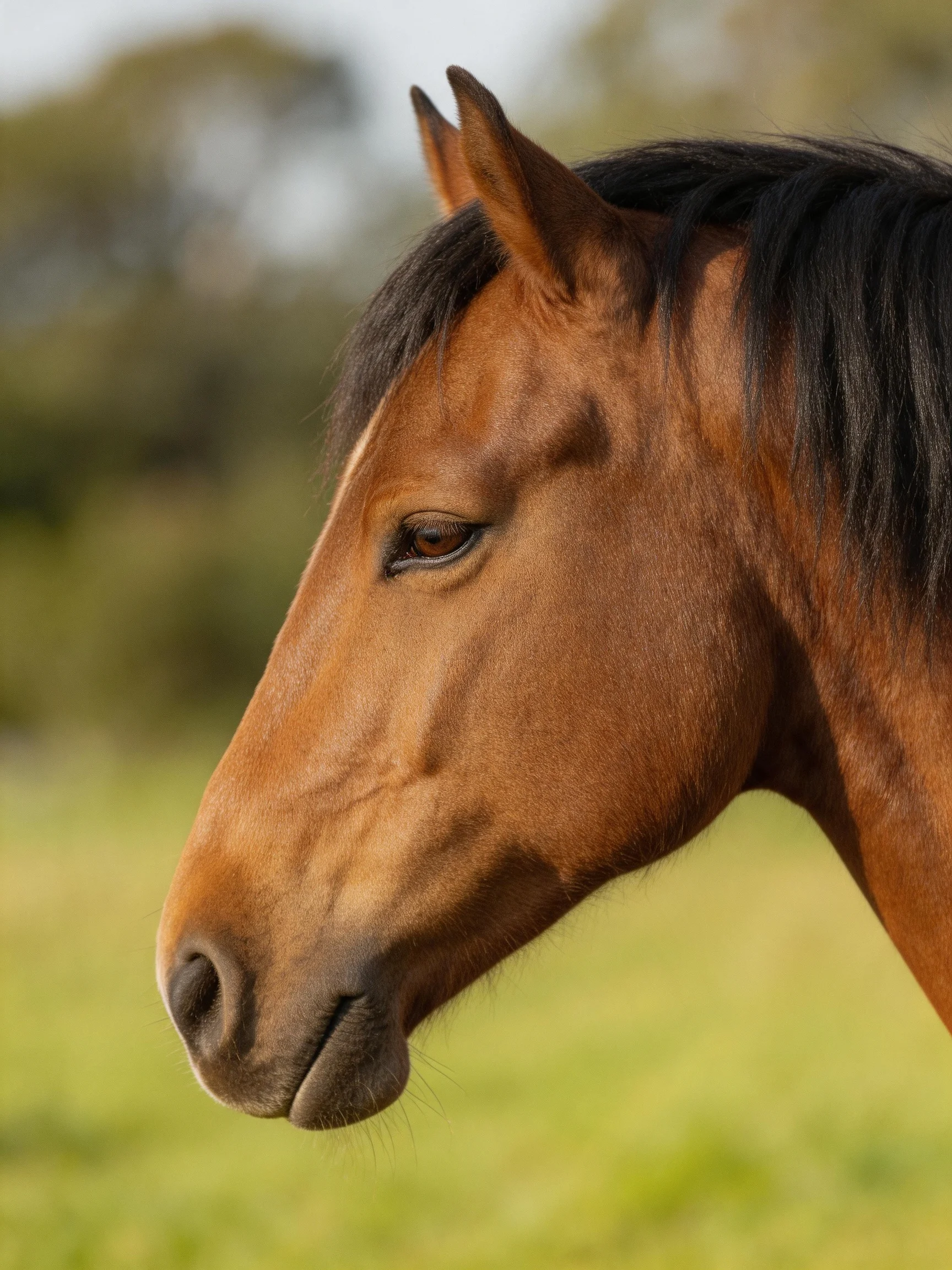 A chestnut horse with a dark mane in a green field