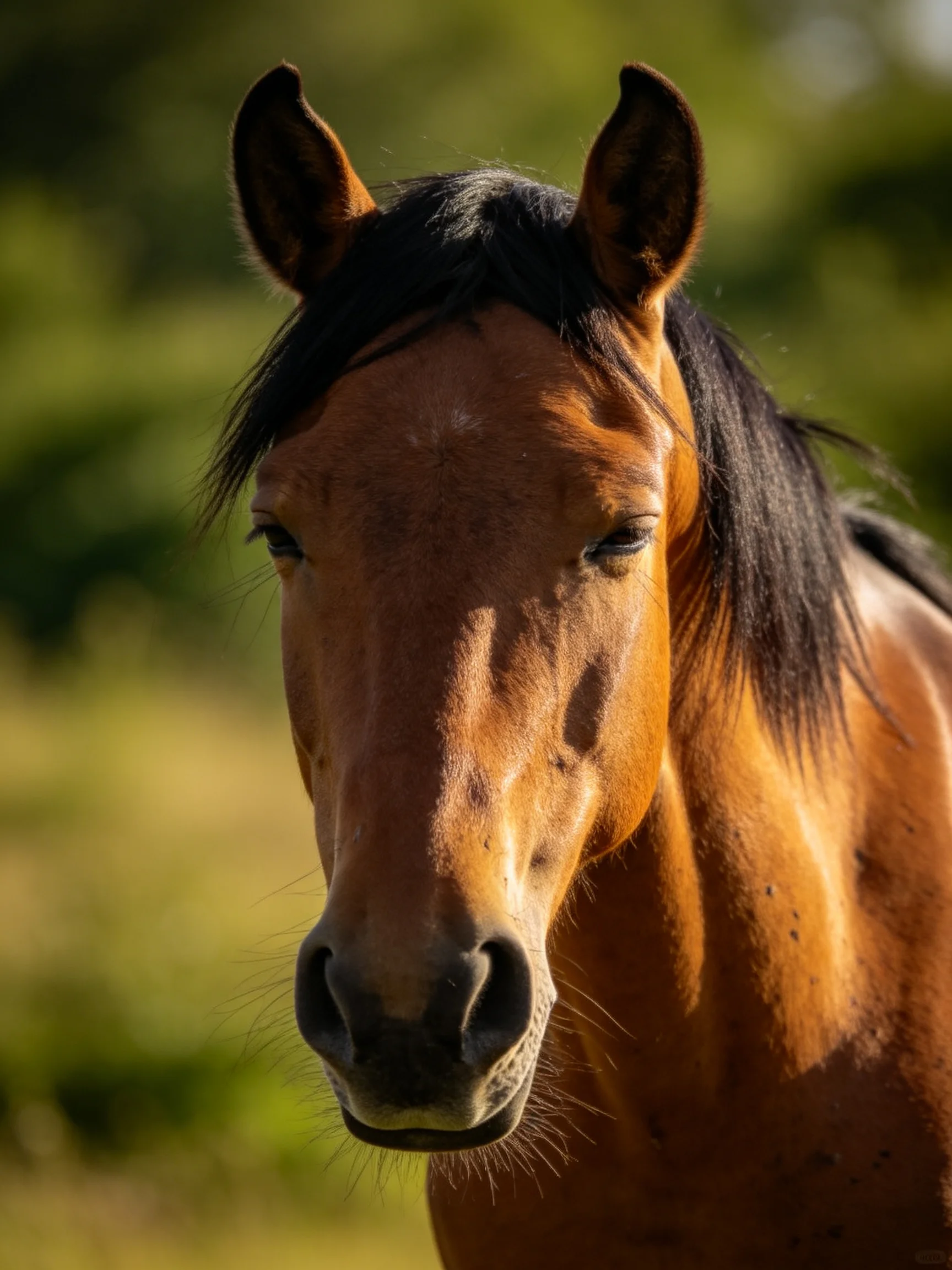 A chestnut horse with a dark mane in a sunlit natural landscape
