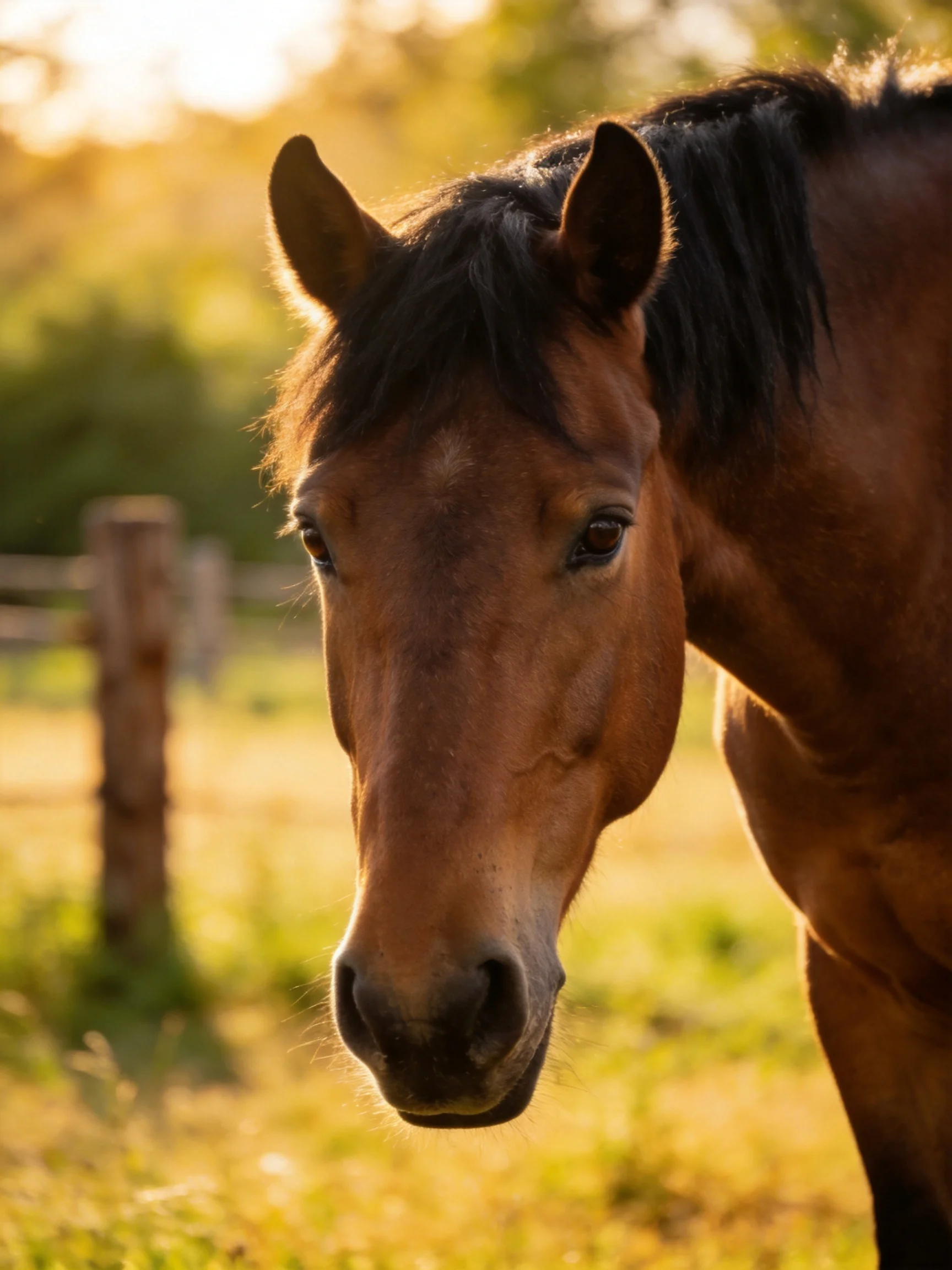A chestnut horse with a dark mane stands in a sunlit pasture near a wooden fence.