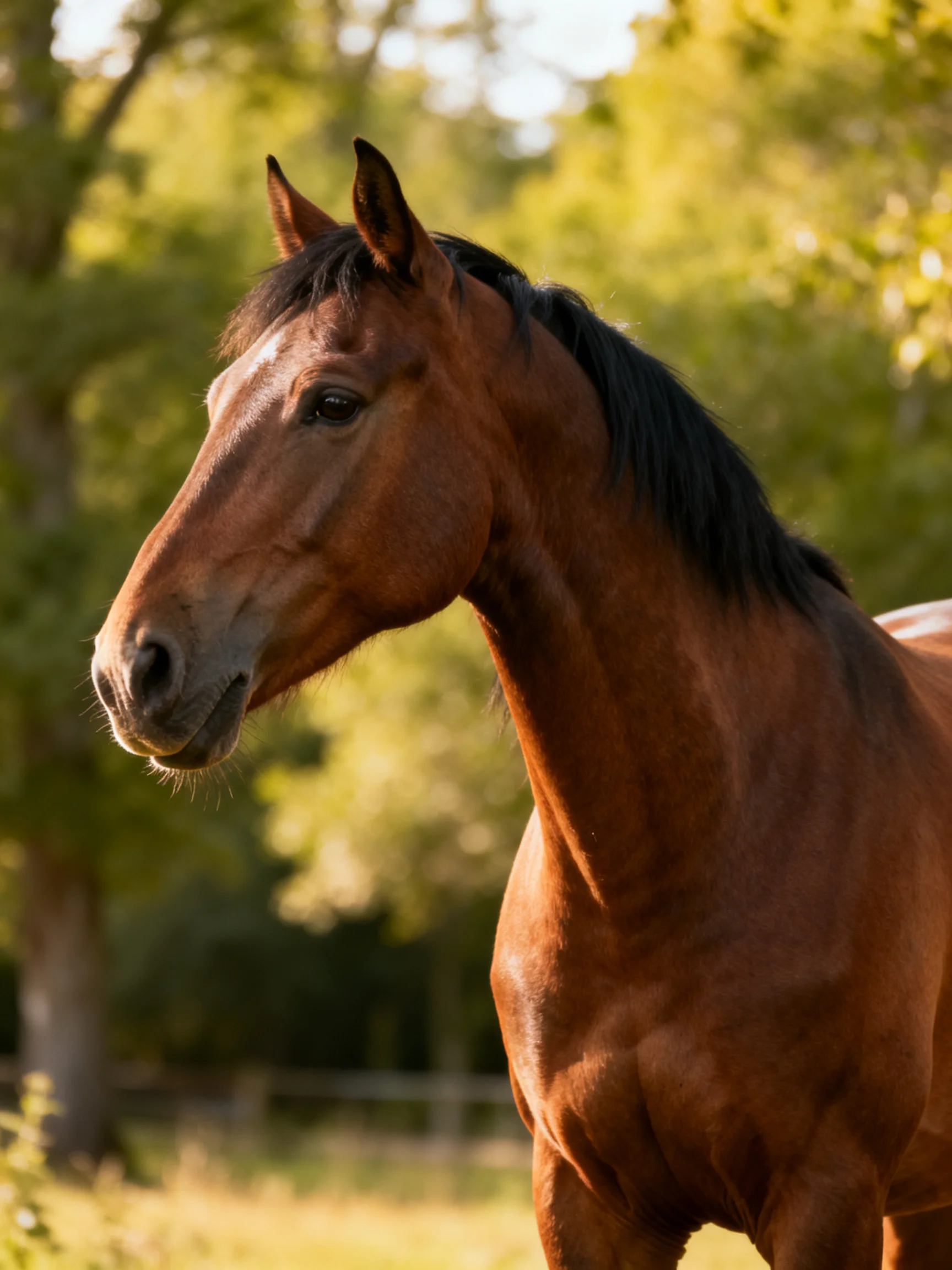 A chestnut horse with a dark mane in a sunlit wooded area