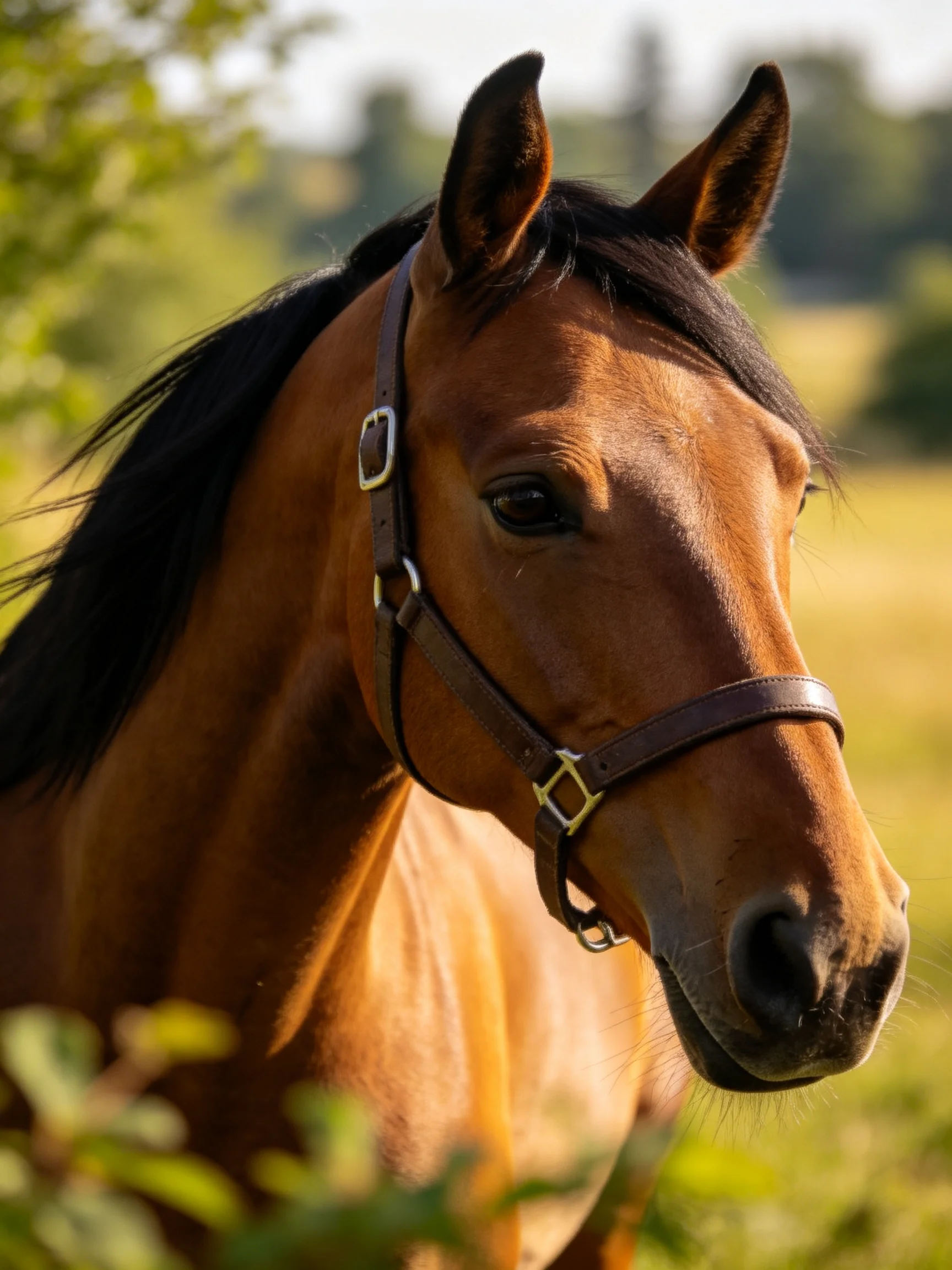 A chestnut horse with a dark mane in a sunny field