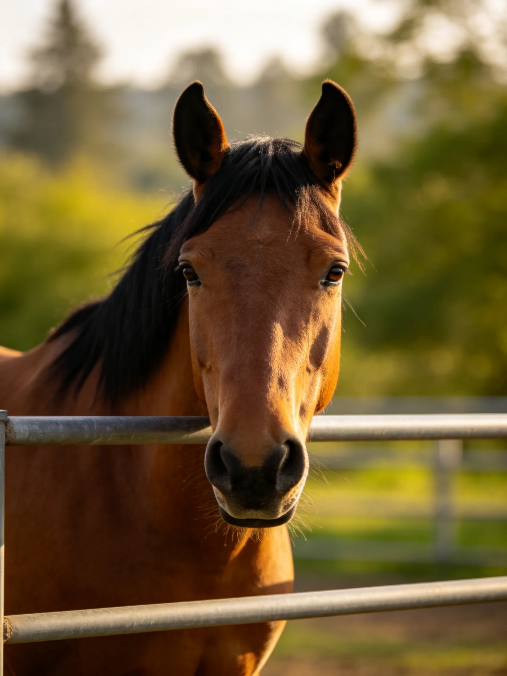A chestnut horse with a dark mane stands by a metal fence in a sunlit field