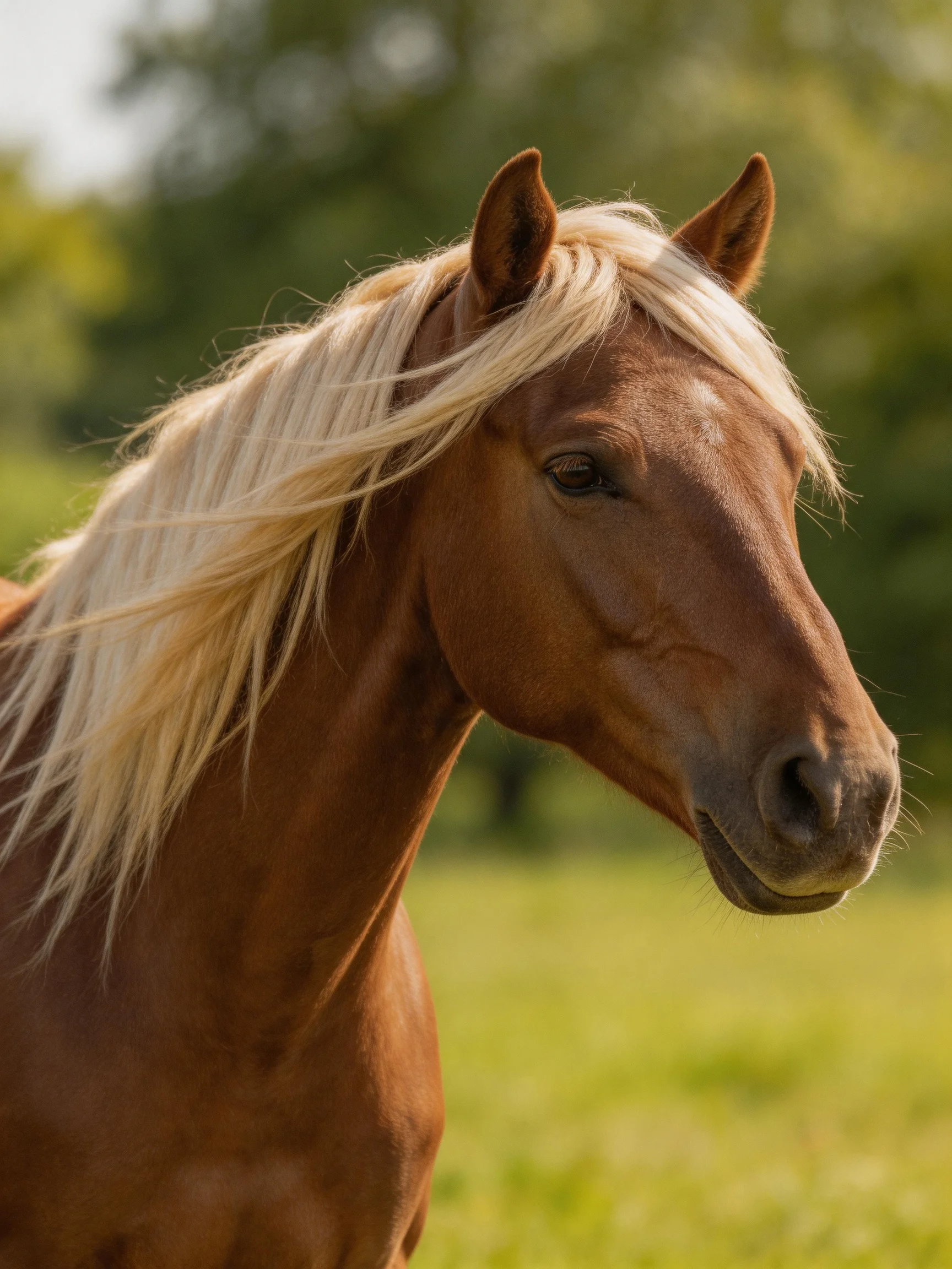 A chestnut horse with a flowing blonde mane in a sunlit meadow