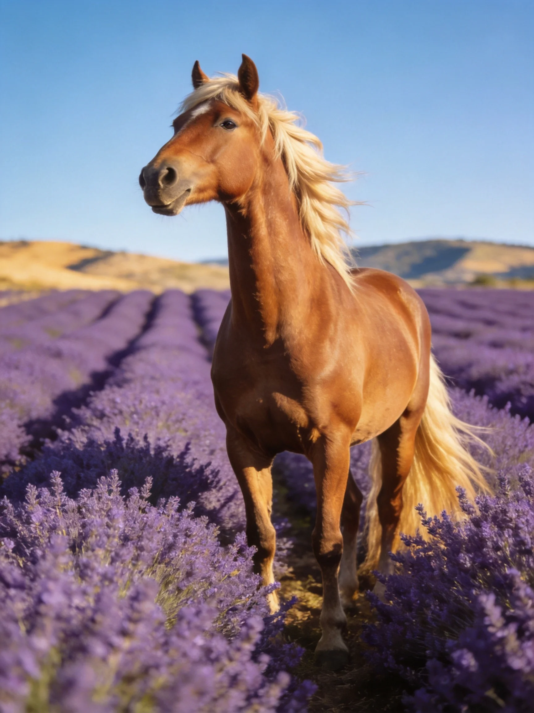 A chestnut horse with a flowing blonde mane in a vast lavender field