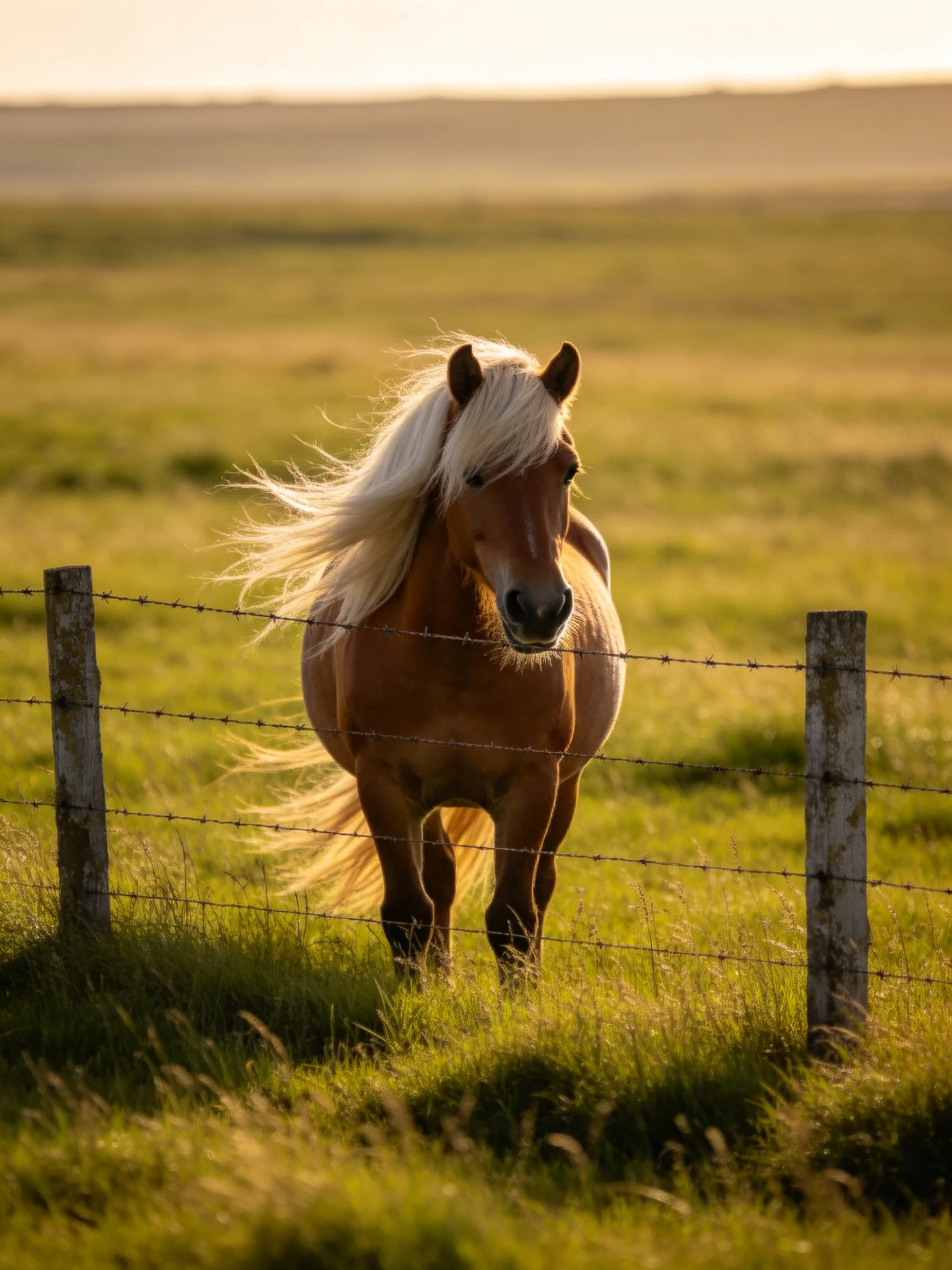 A chestnut horse with a flowing blonde mane stands by a barbed wire fence in a sunlit meadow