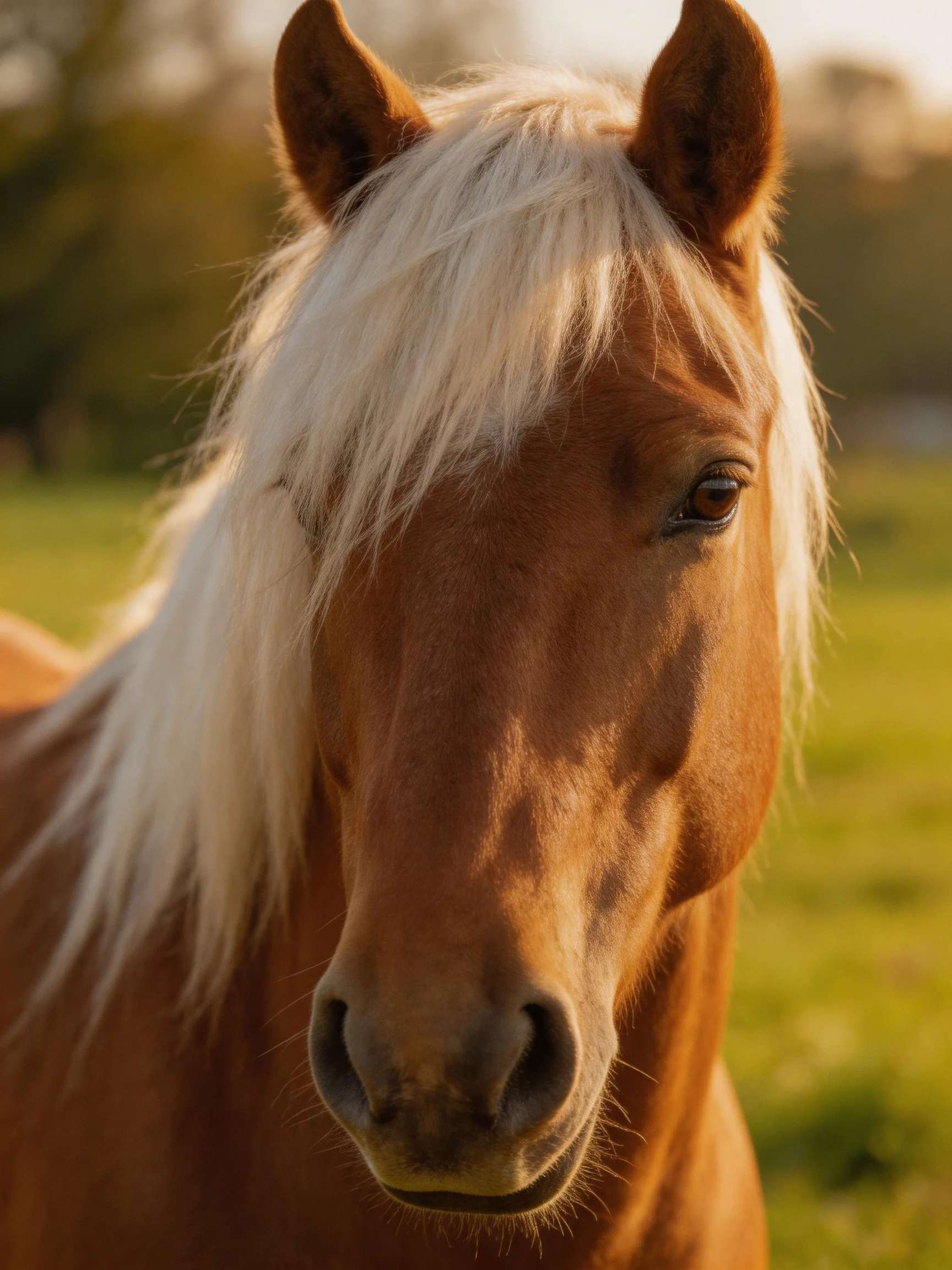 A chestnut horse with a flowing white mane in a sunlit field
