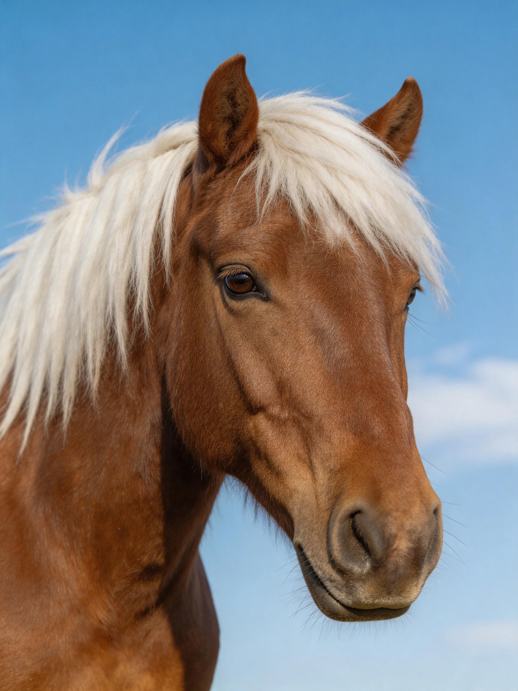 A chestnut horse with a flowing white mane under a clear blue sky
