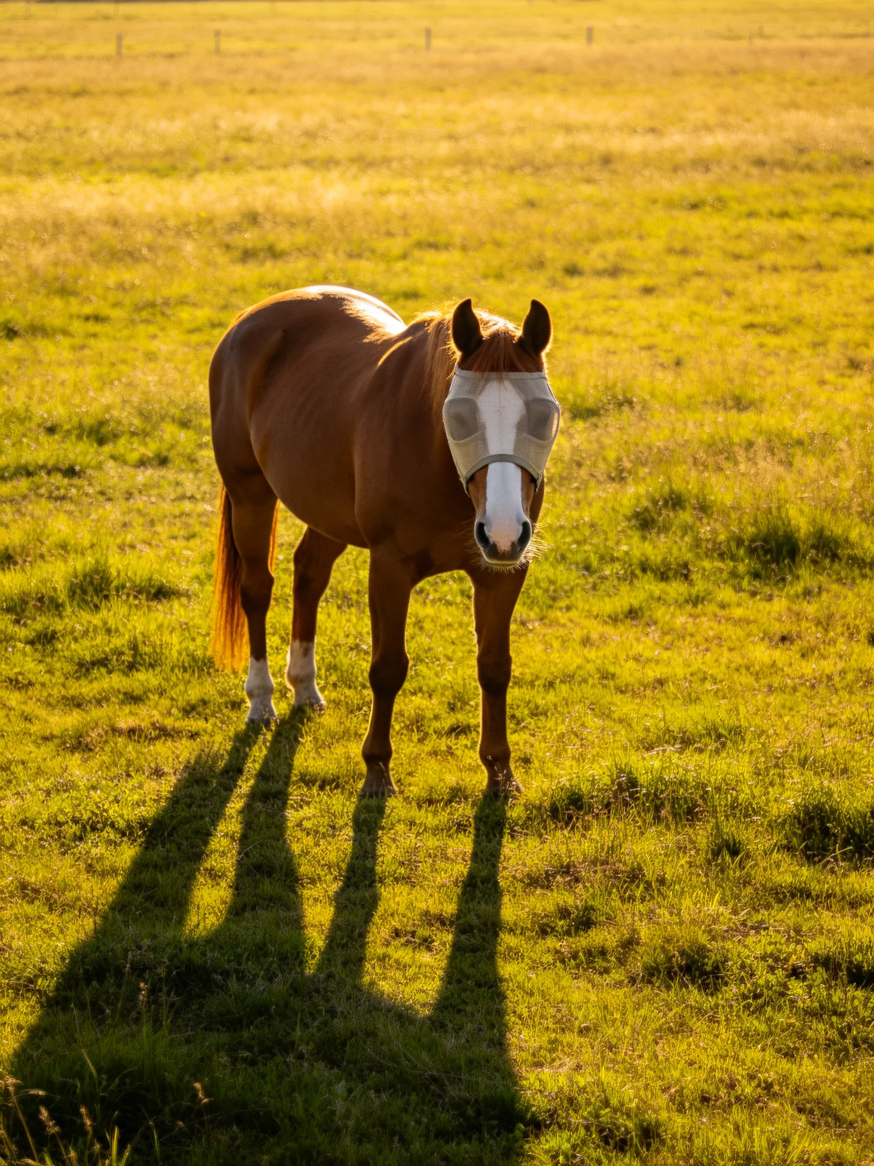 A chestnut horse with a fly mask stands in a sunlit meadow